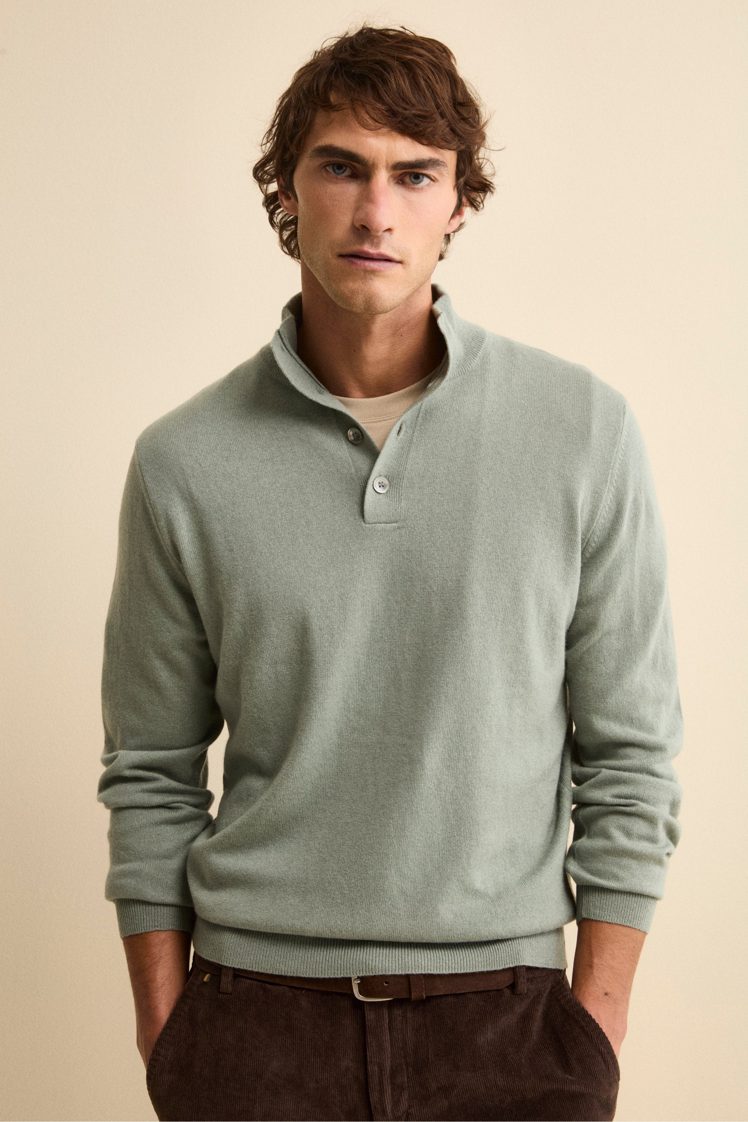 Henley Sweater in Wool and Cashmere - Vert