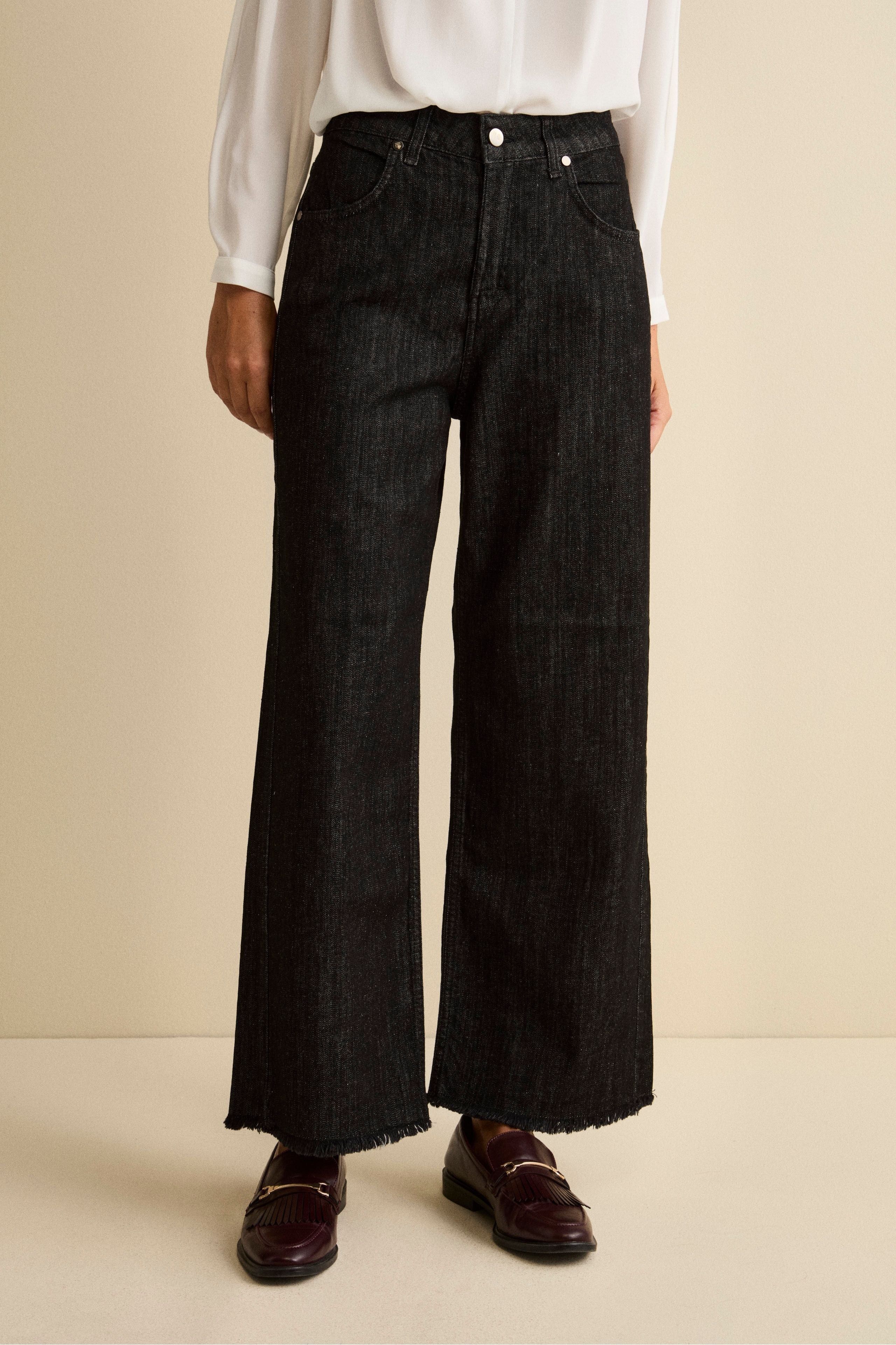 Fringed Wide-Leg Jeans - DENIM/BLACK
