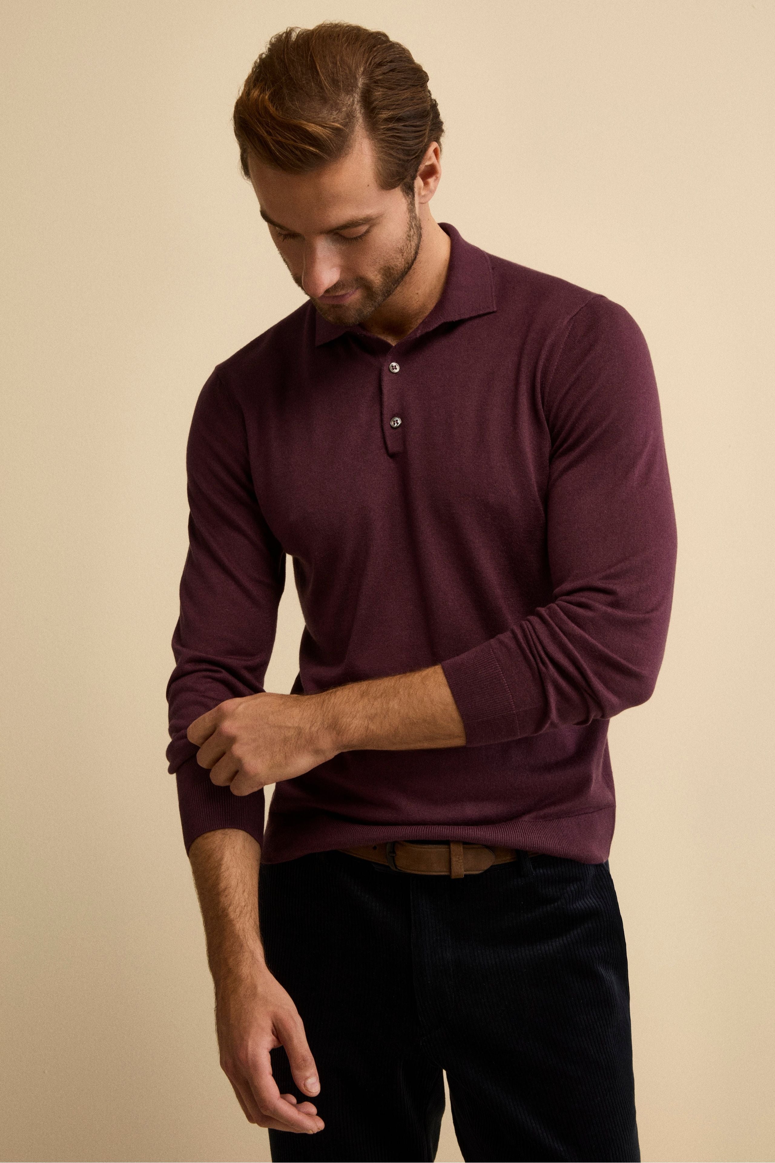 Buttoned Polo Shirt in Silk and Cashmere - Dark purple