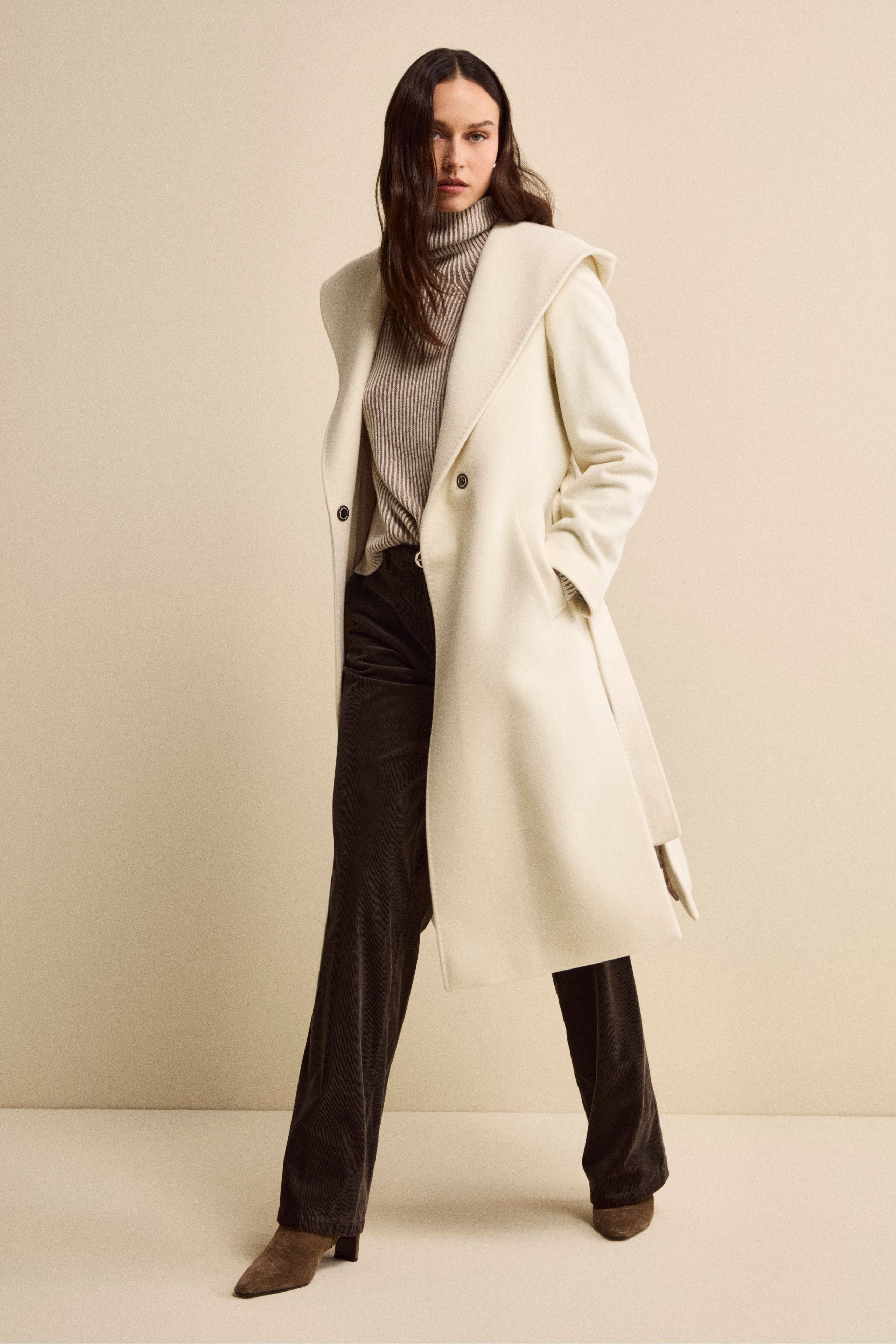 Long Coat in Wool and Cashmere with Hood - CREAM