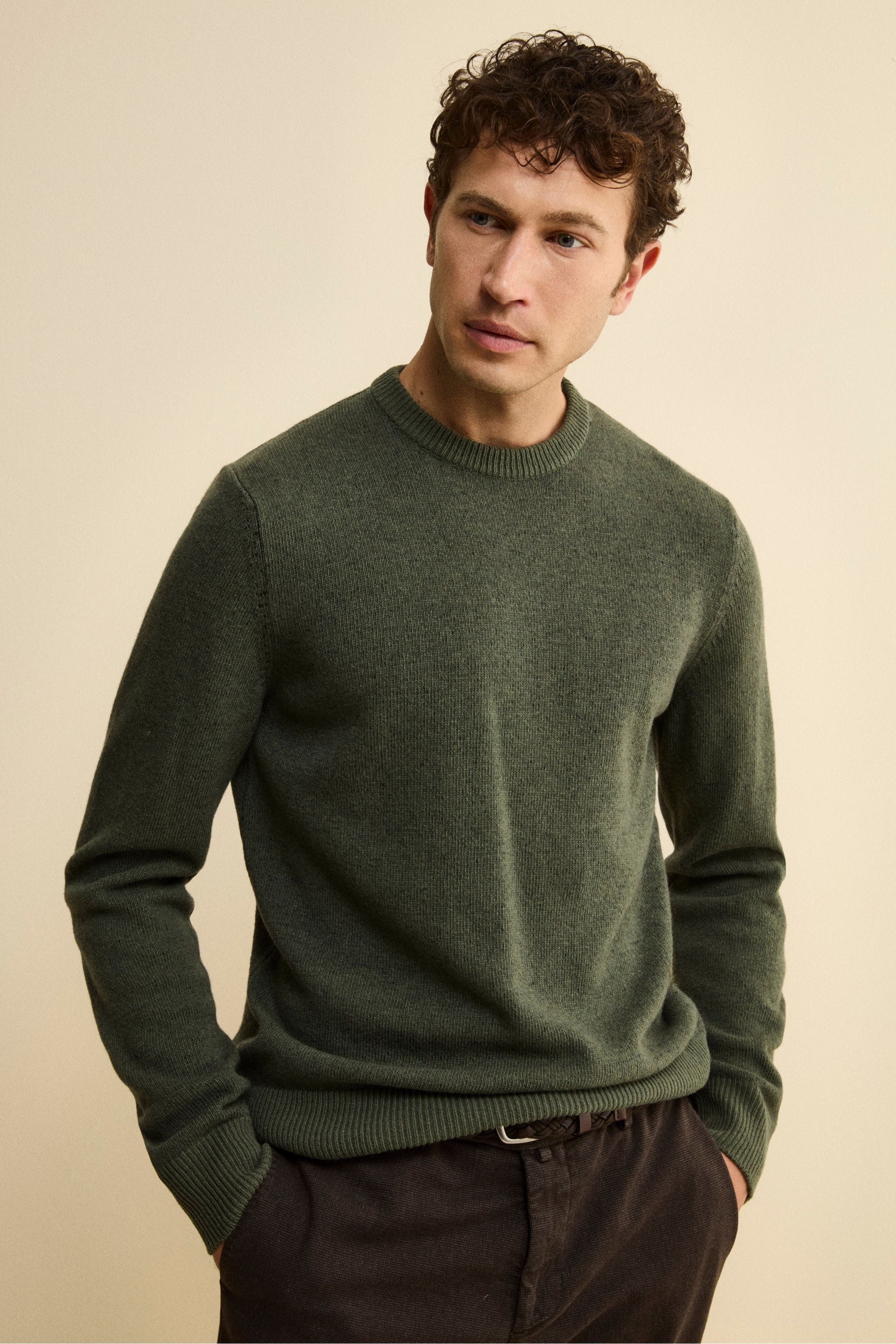 Mouline Crewneck Sweater in Extrafine Merino Wool - Military green