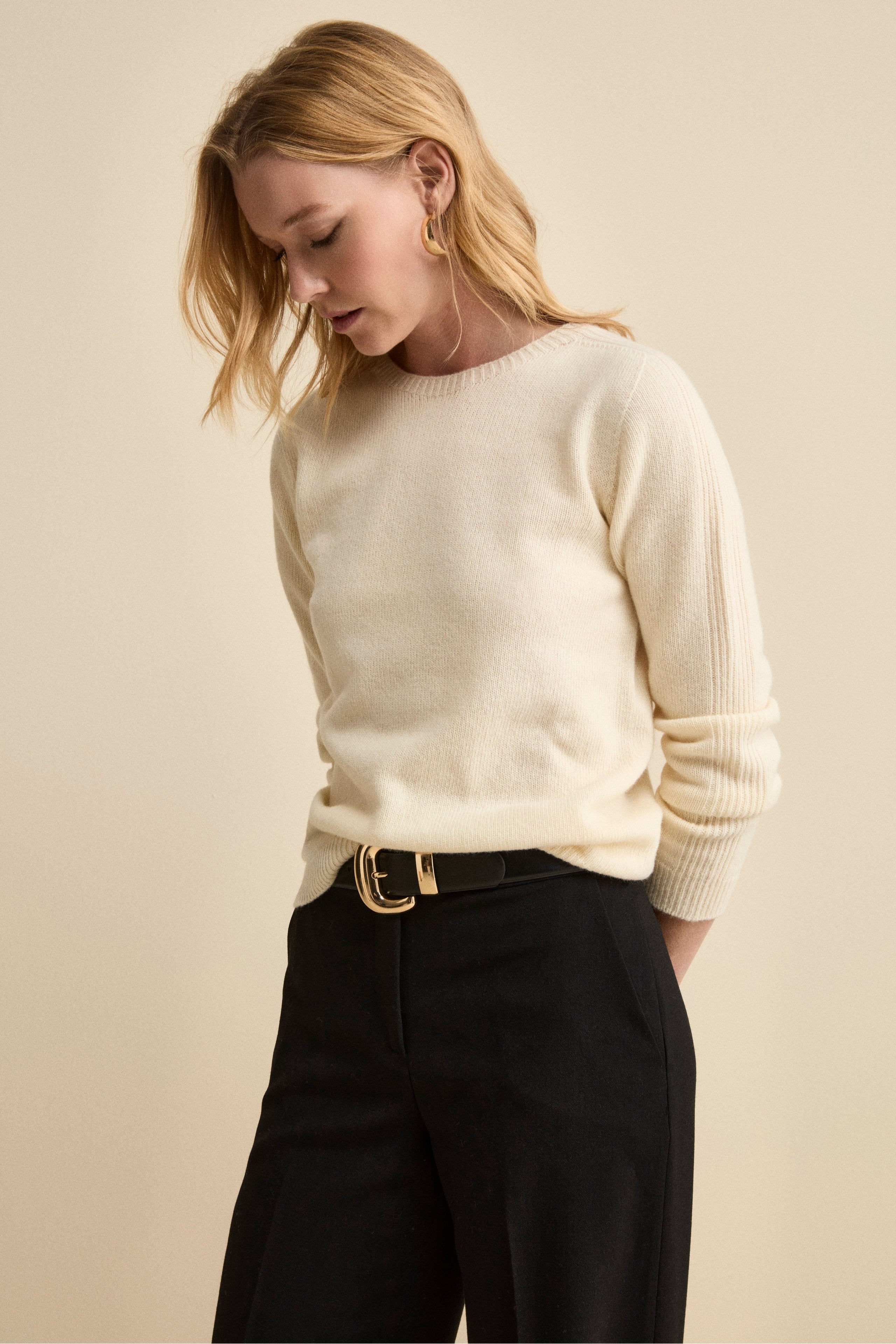 Merino Wool Crewneck with Textured Sleeves - CREAM