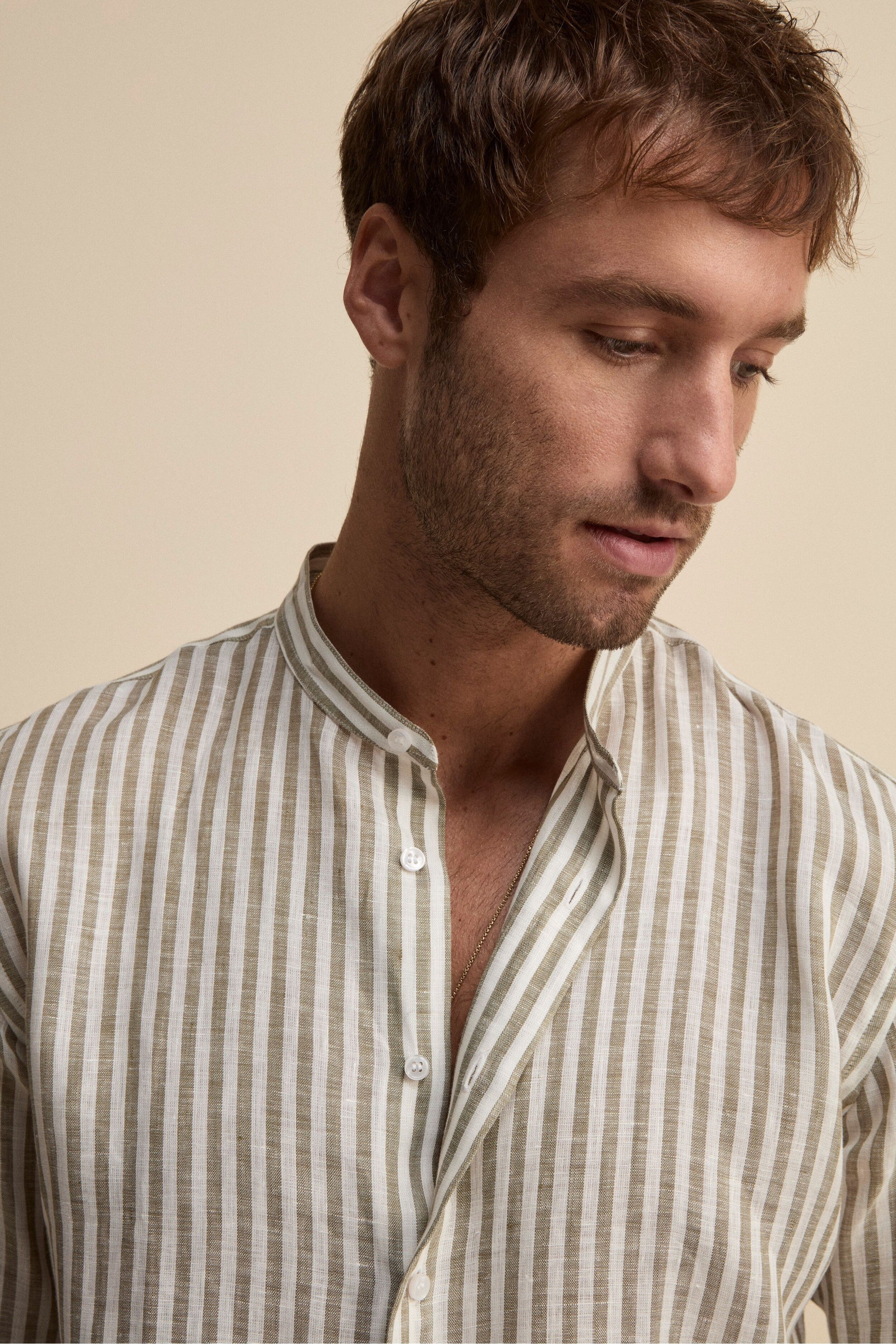 Camicia Lino Coreana Custom Fit - VERDE RIGATO