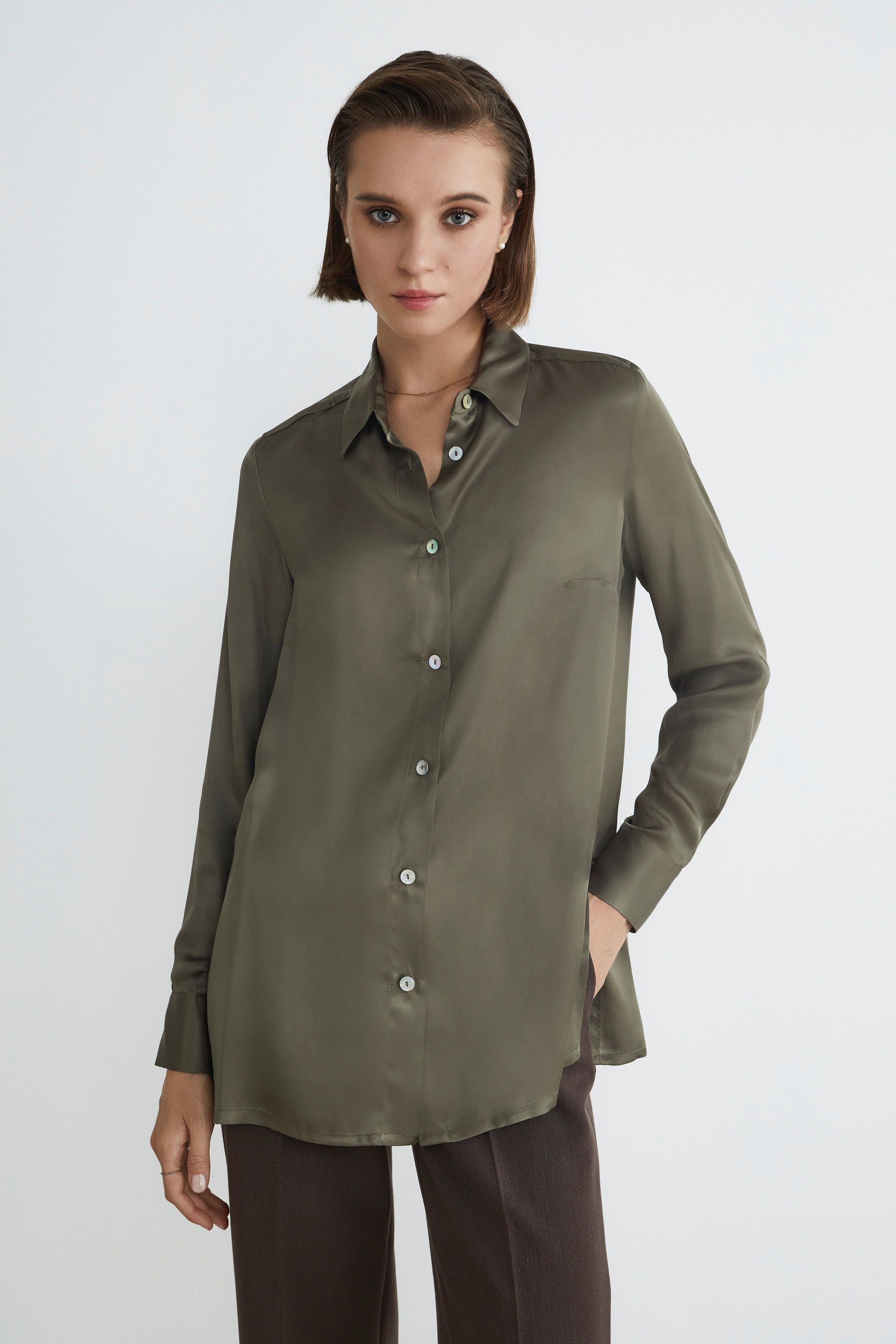 Camicia satinata elegante - VERDE MILITARE