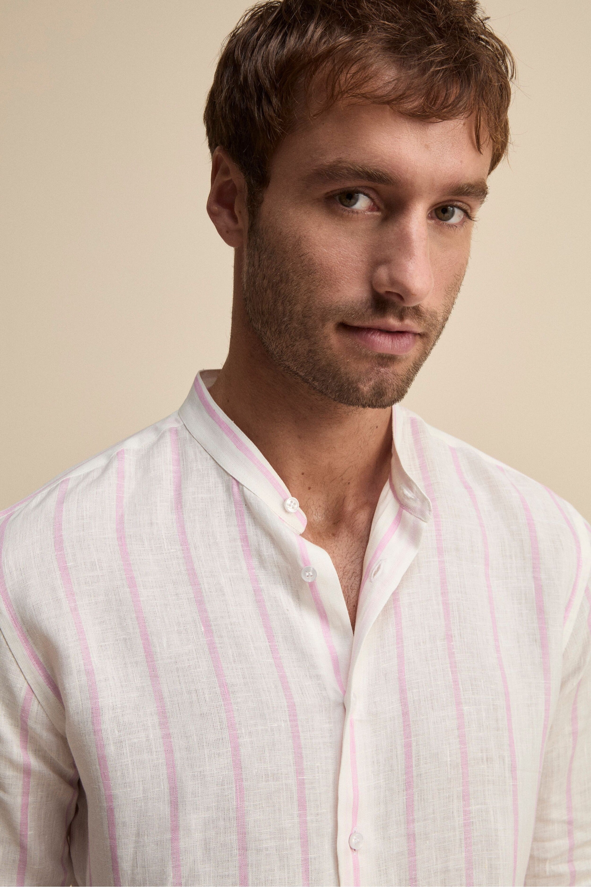 Camicia Lino Coreana Custom Fit - RIGATO BIANCO/ROSA