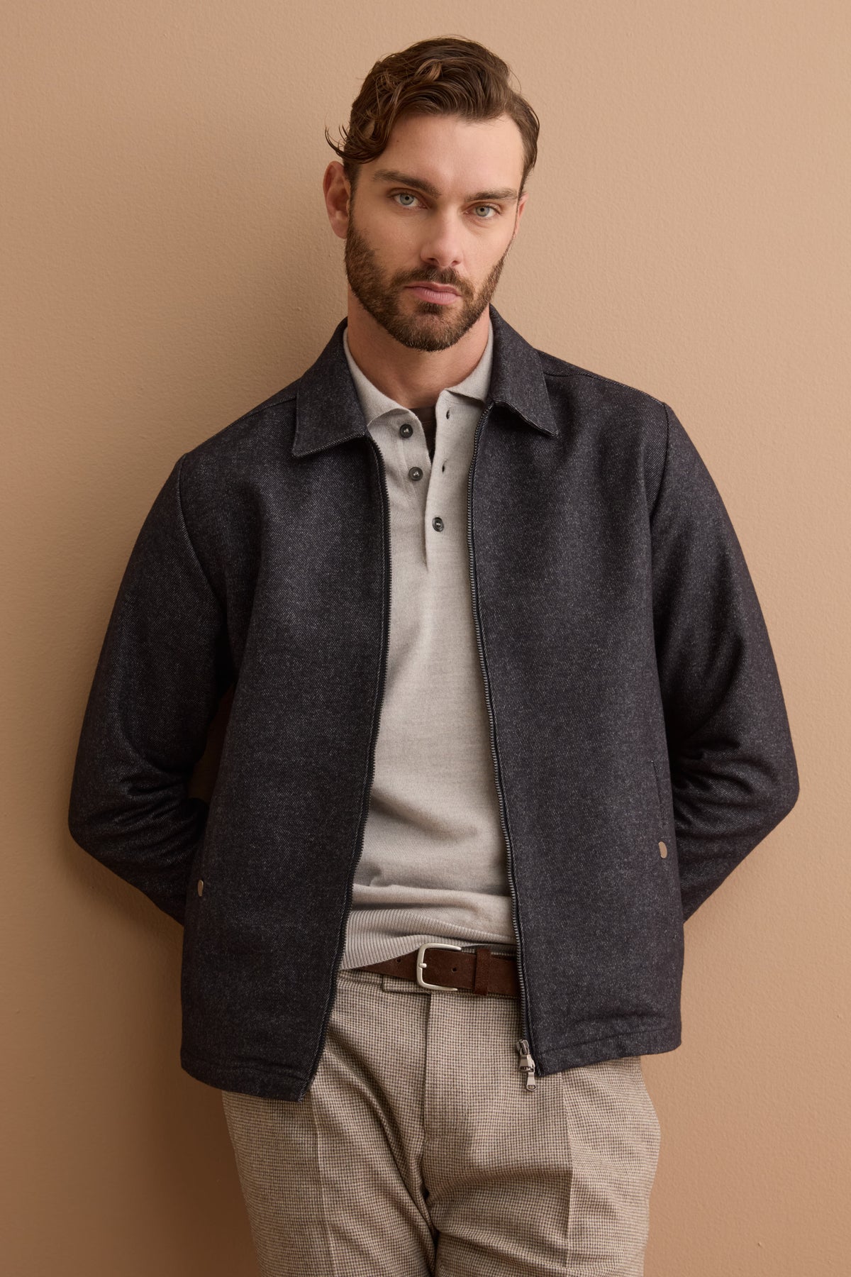 Wool-Blend Overshirt Jacket with Zip - BLUE
