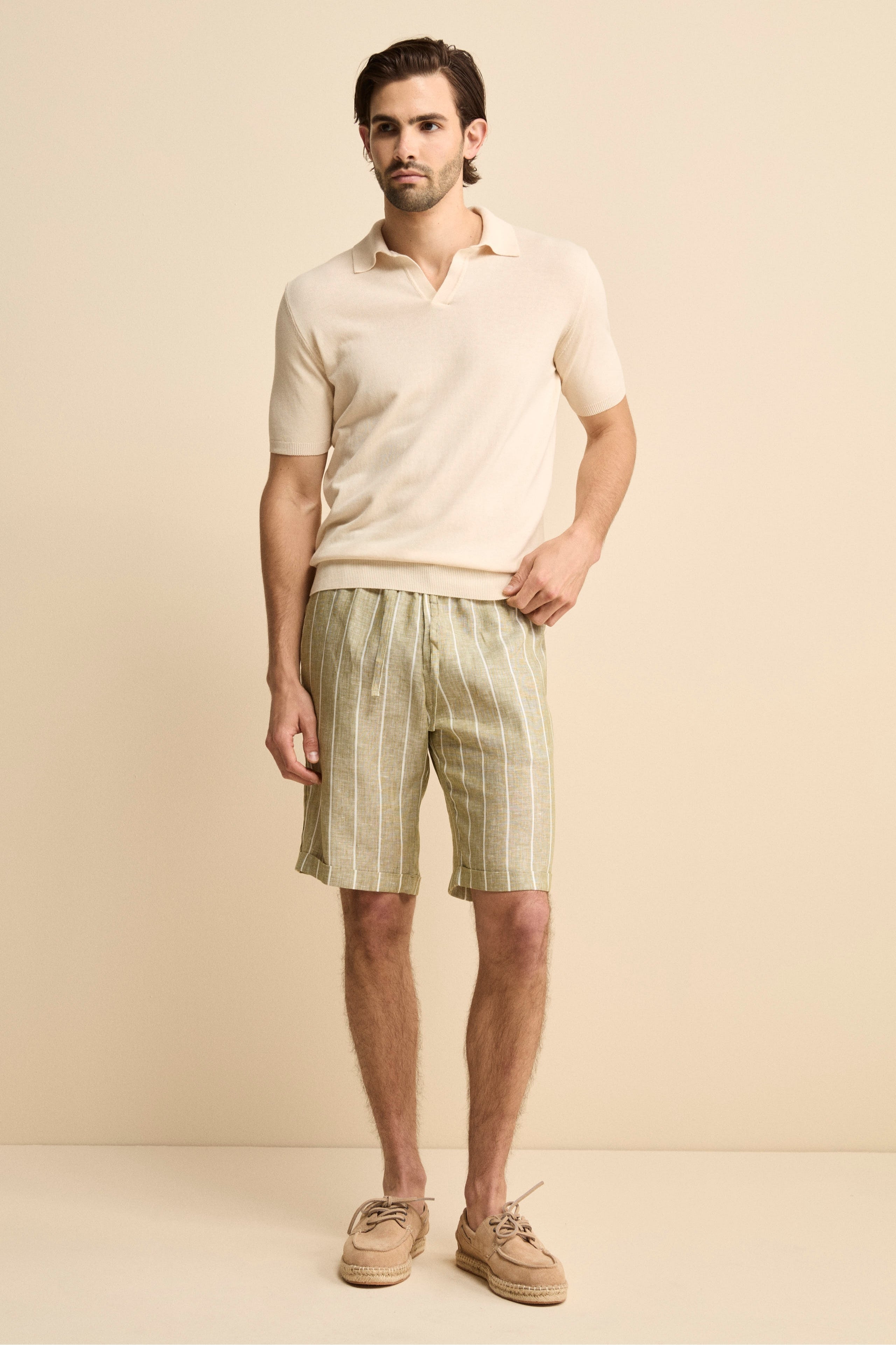 Bermuda in Lino con Coulisse - VERDE RIGATO