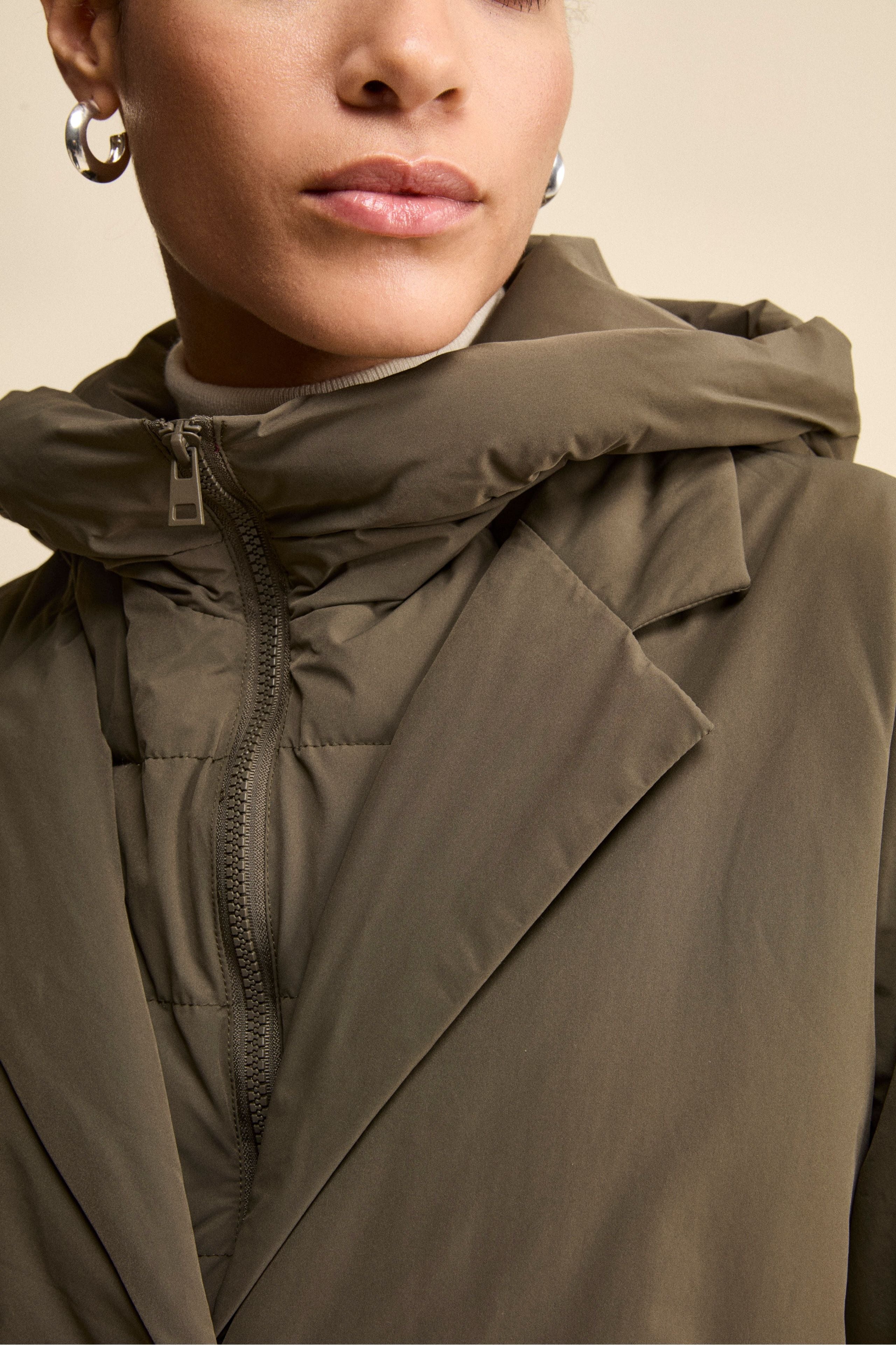 Padded Midi Raincoat with Detachable Hood - Military green