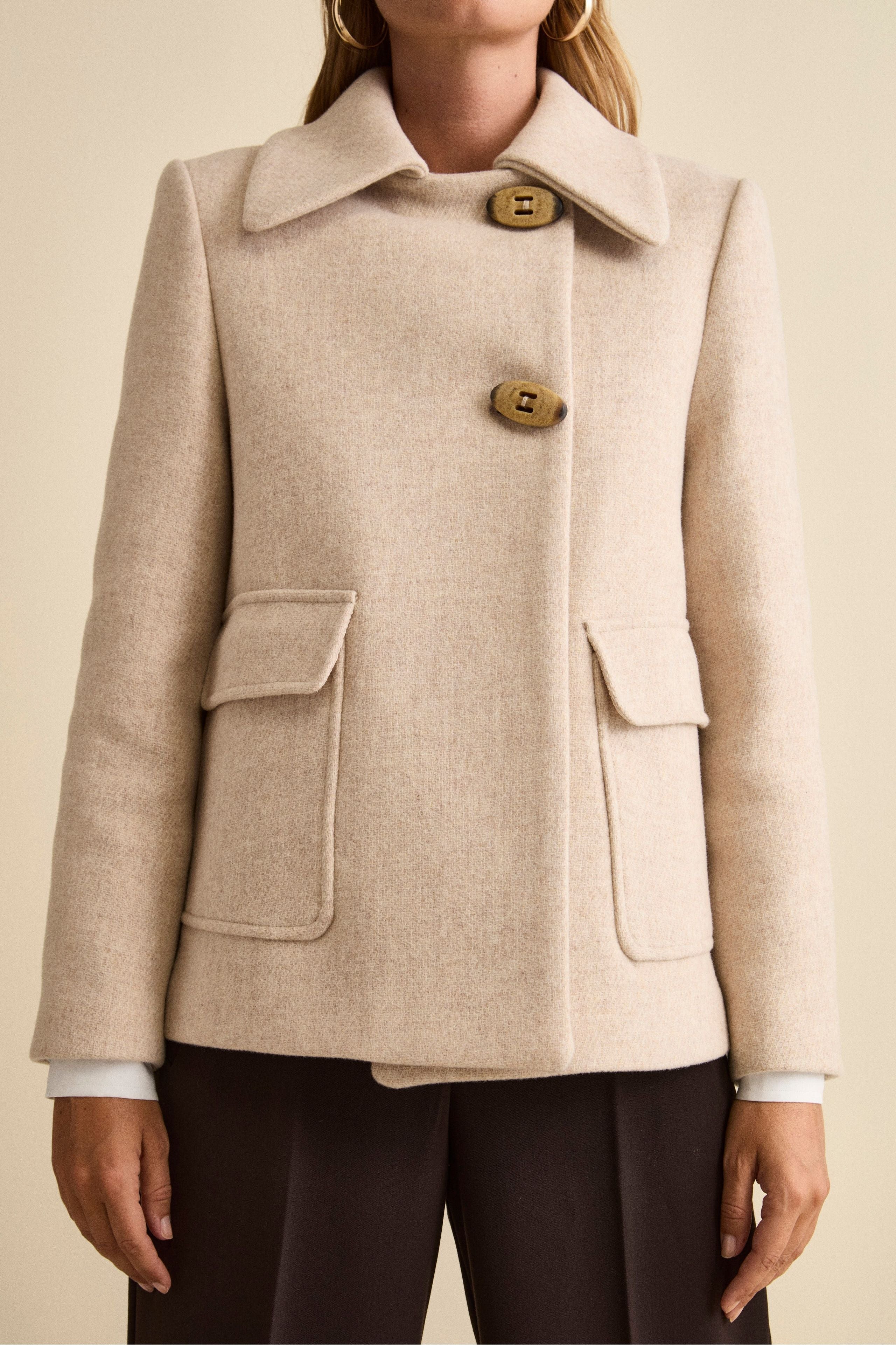 Short Flared Coat in Virgin Wool Blend - BEIGE