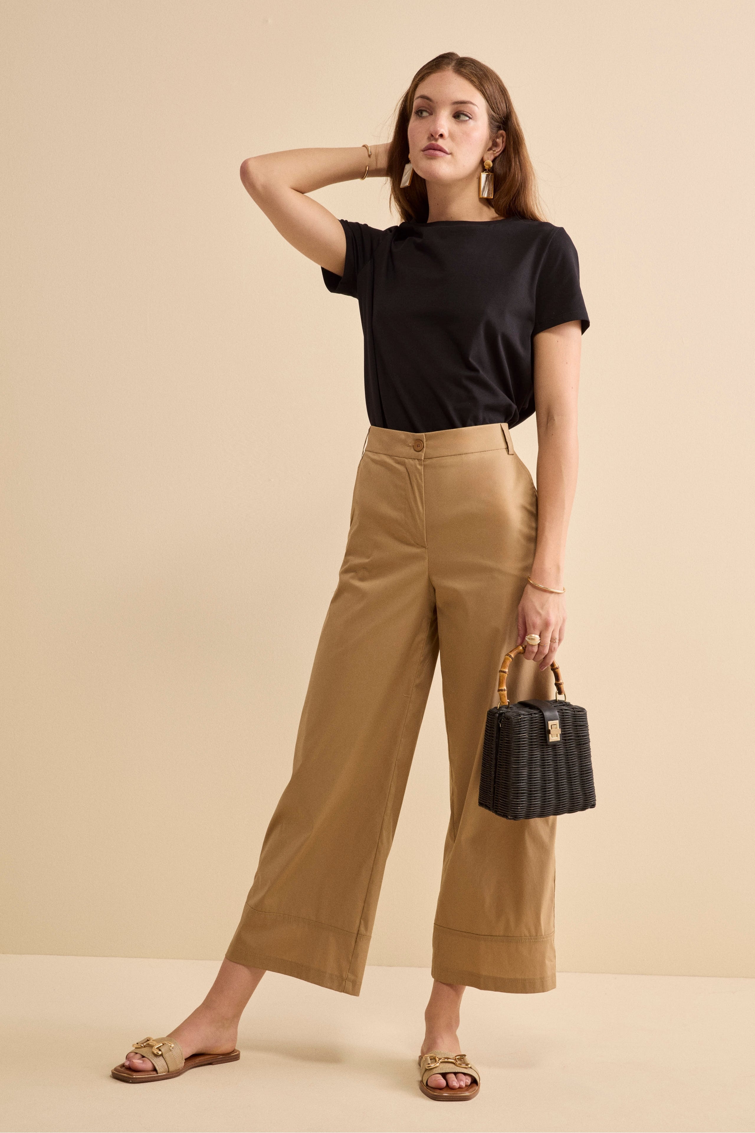 Pantalone Cropped a Palazzo in Tela - CAMMELLO