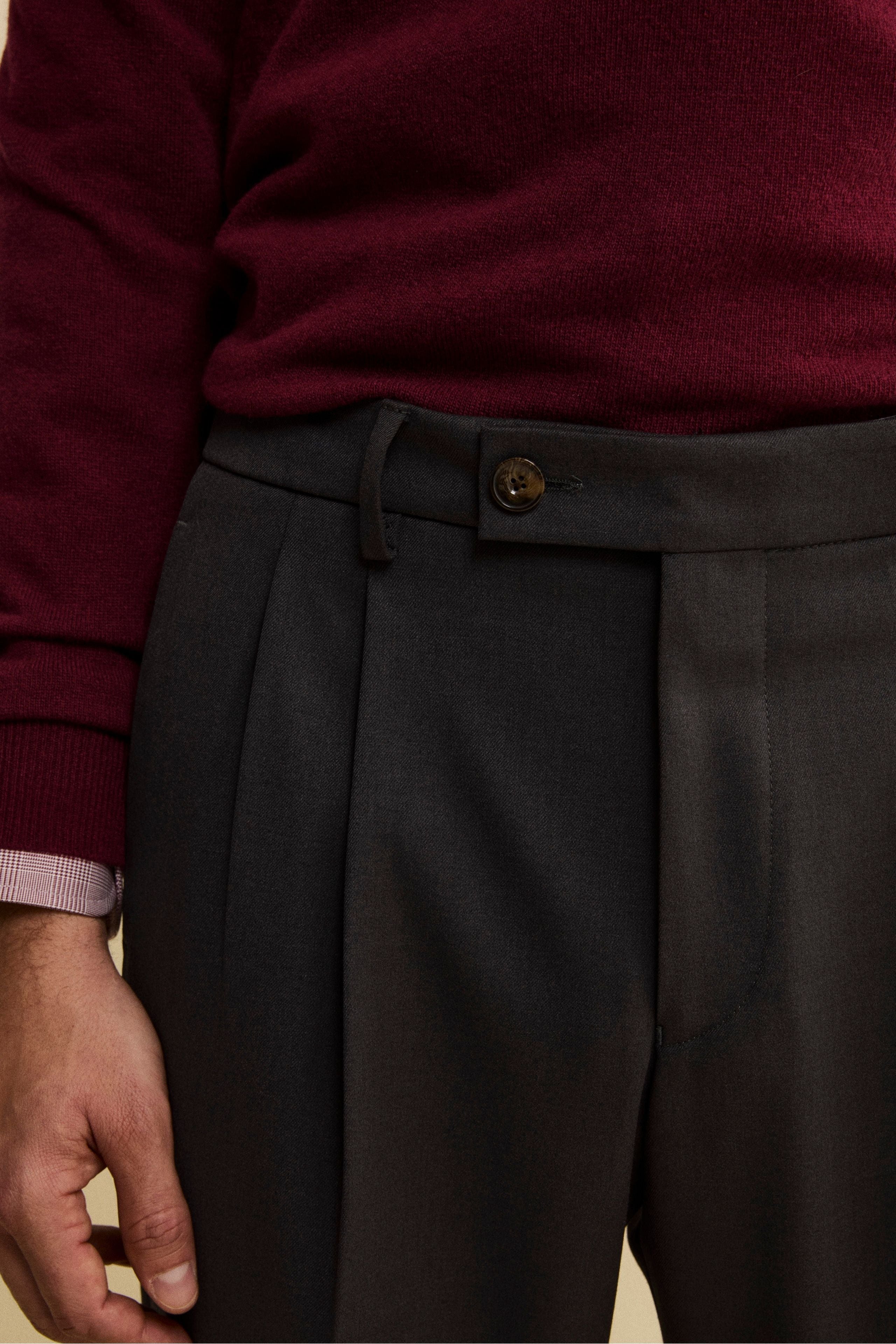 Wide-Leg Wool Blend Trousers with Pleats - Dark grey