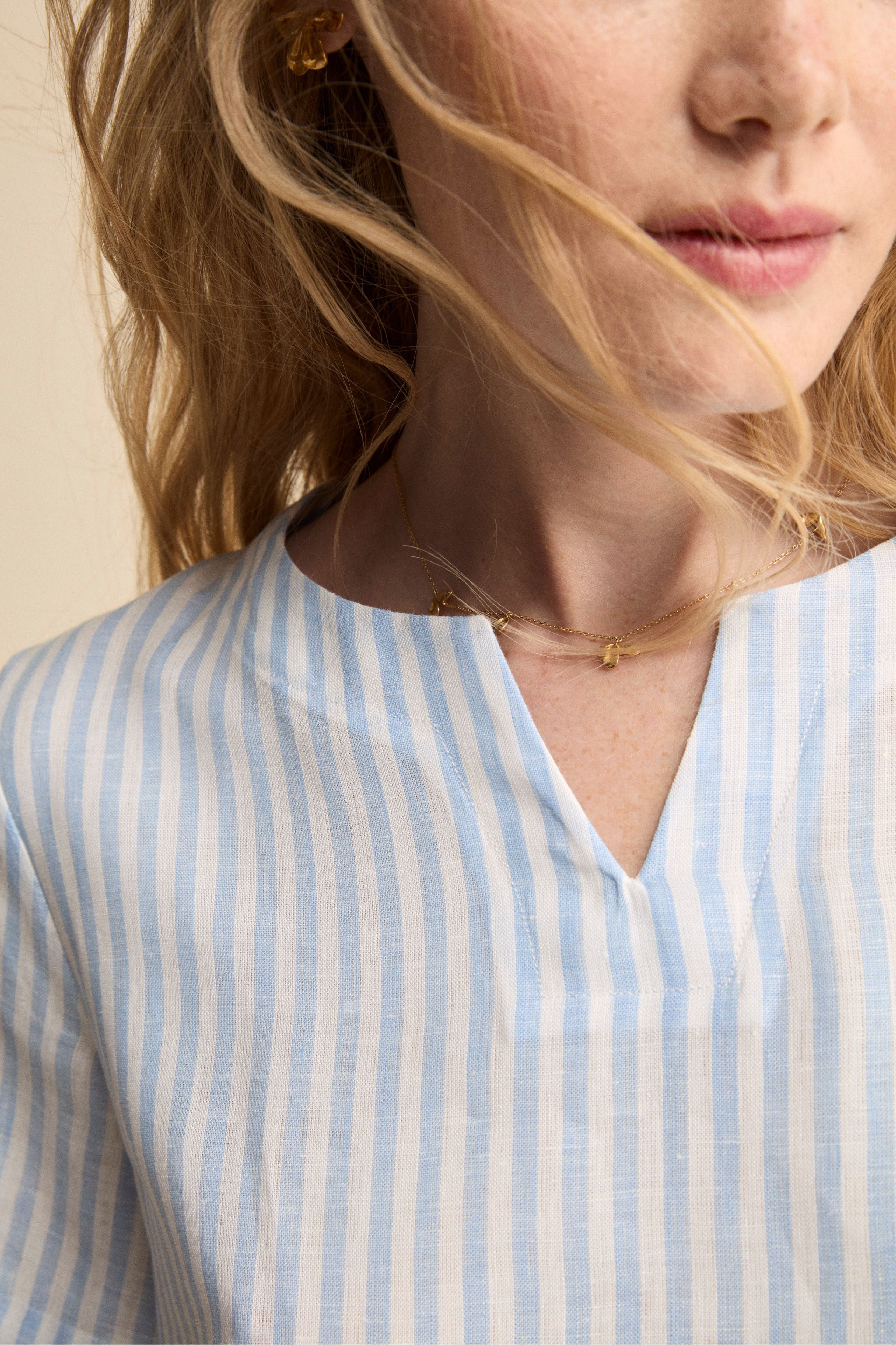 Blusa Over Girocollo in Lino - AZZURRO RIGATO