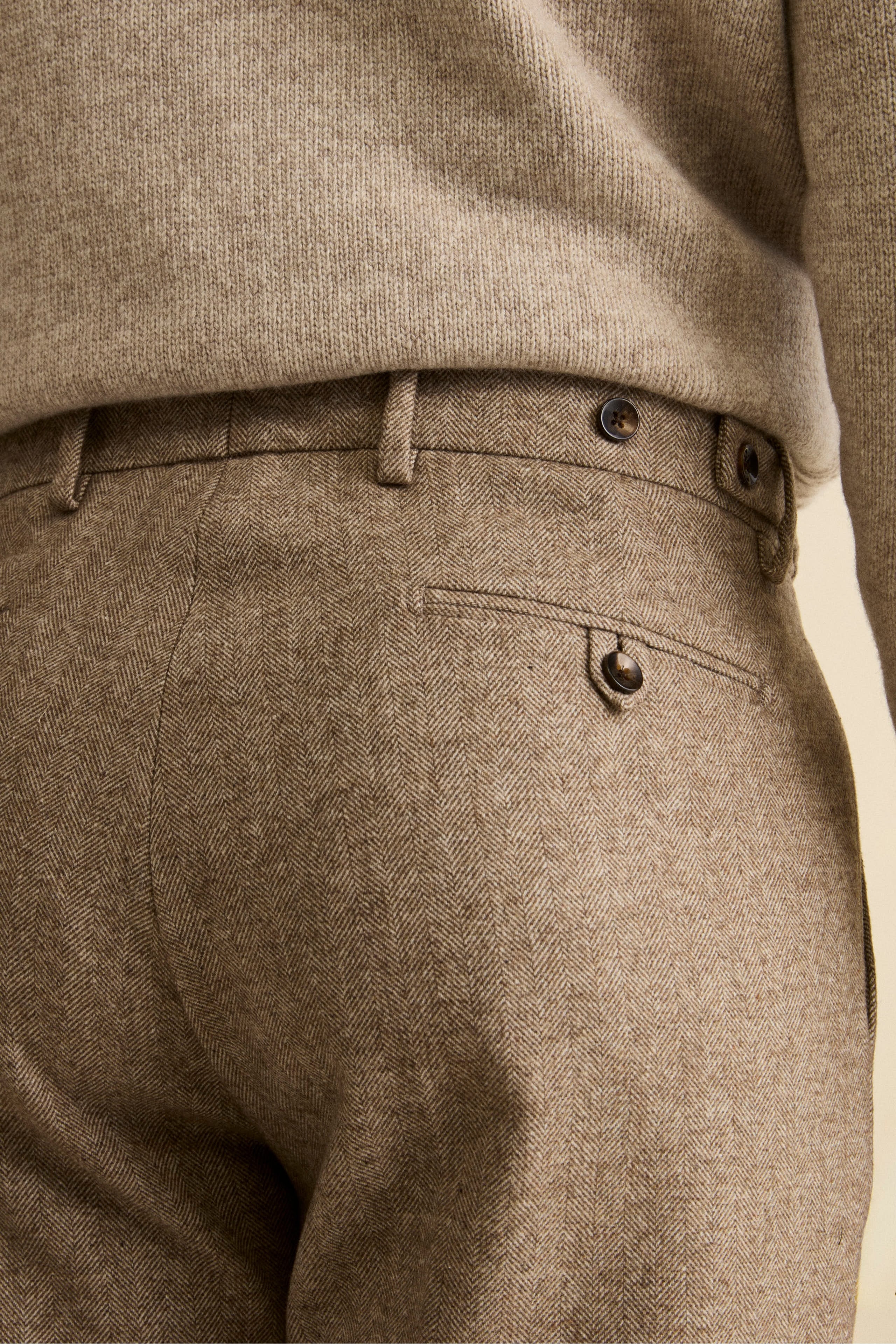 Herringbone Straight Trousers in Wool Blend with Cuff - Brown melange