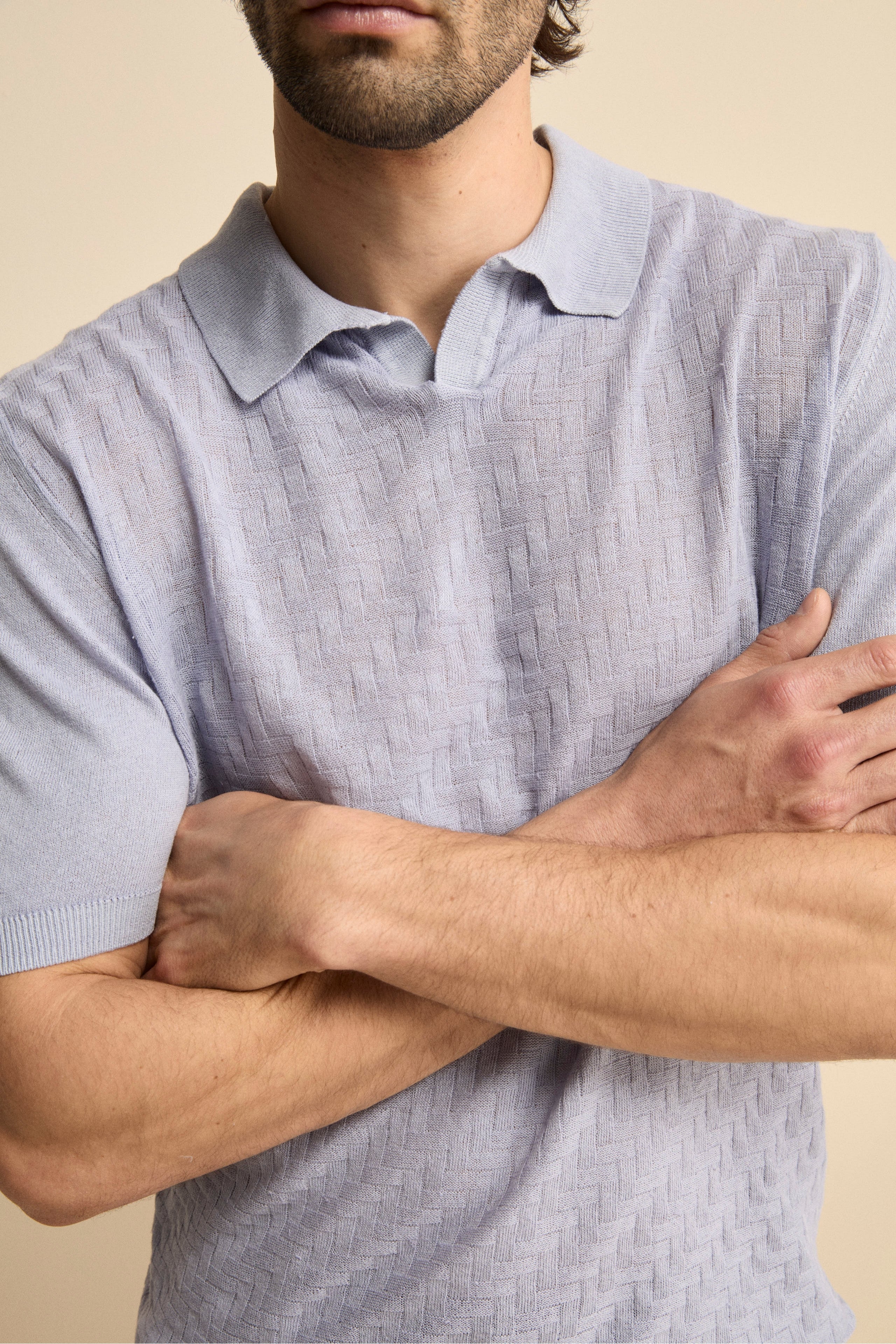 Polo Derby Mezza Manica in Misto Lino - AZZURRO