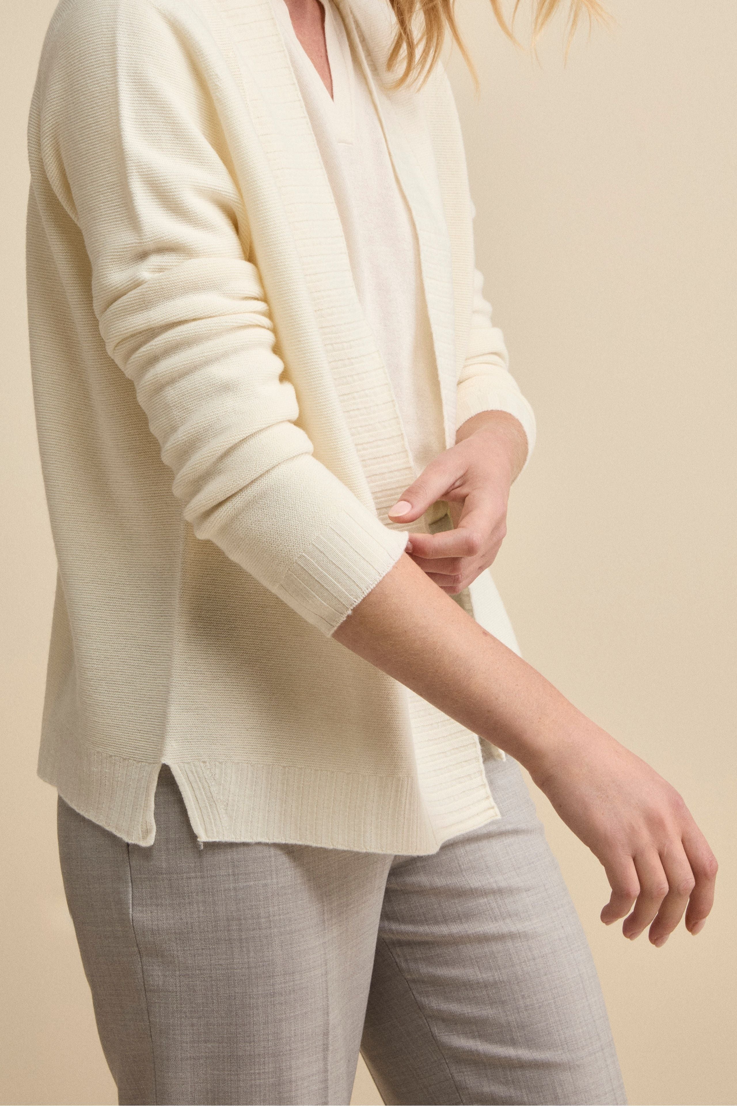 Long Wool Cardigan with Shawl Collar - CREAM