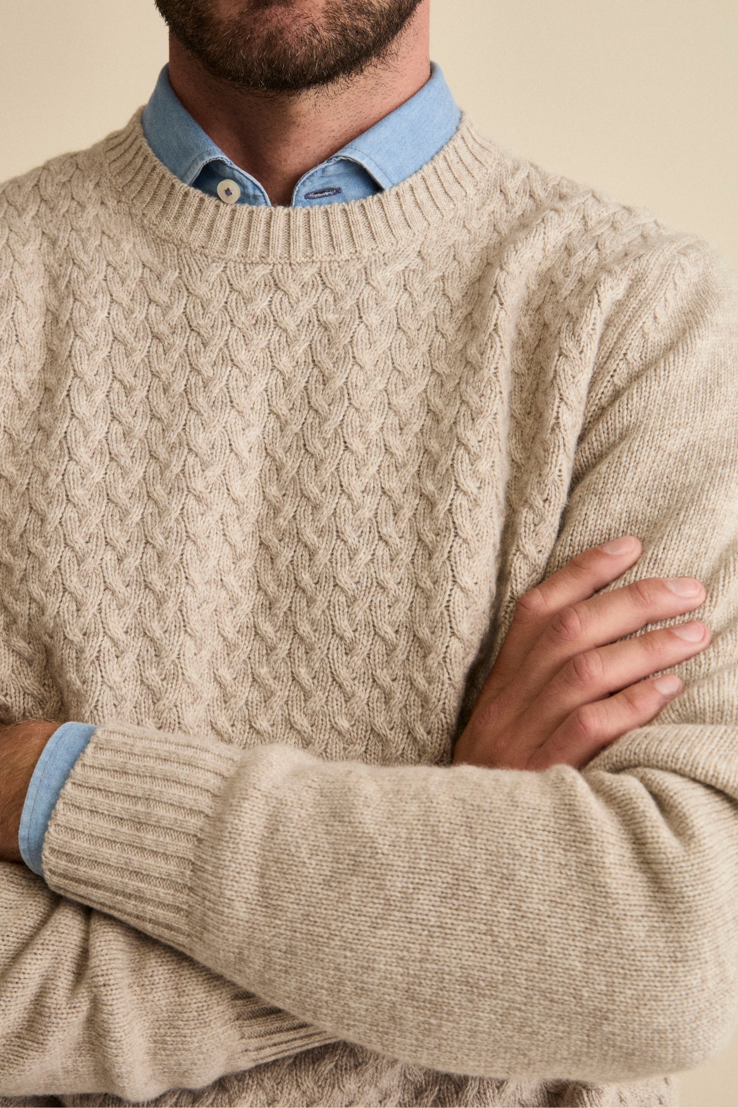 Cable-Knit Crewneck Sweater in Wool - Natural