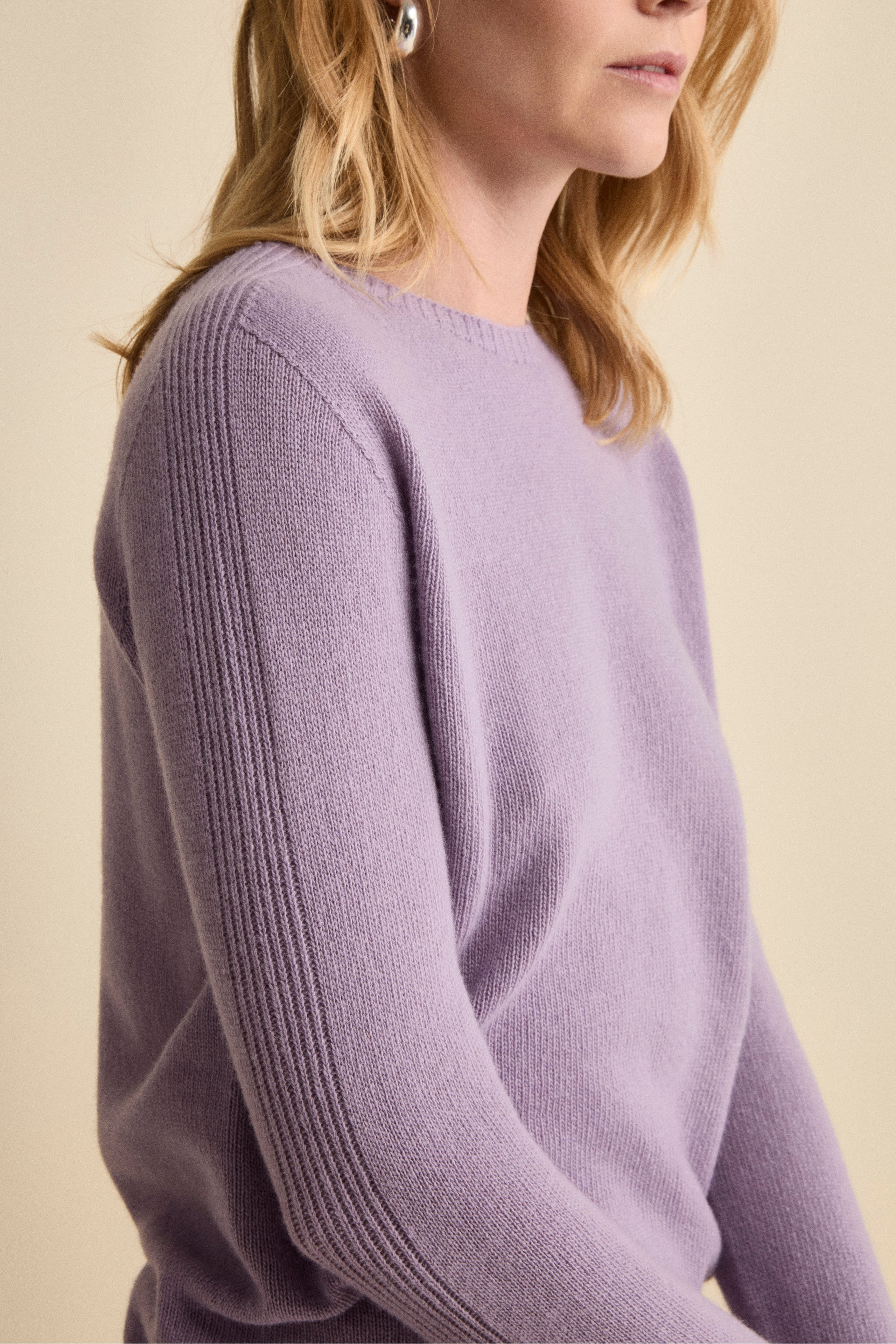 Merino Wool Crewneck with Textured Sleeves - Lilac