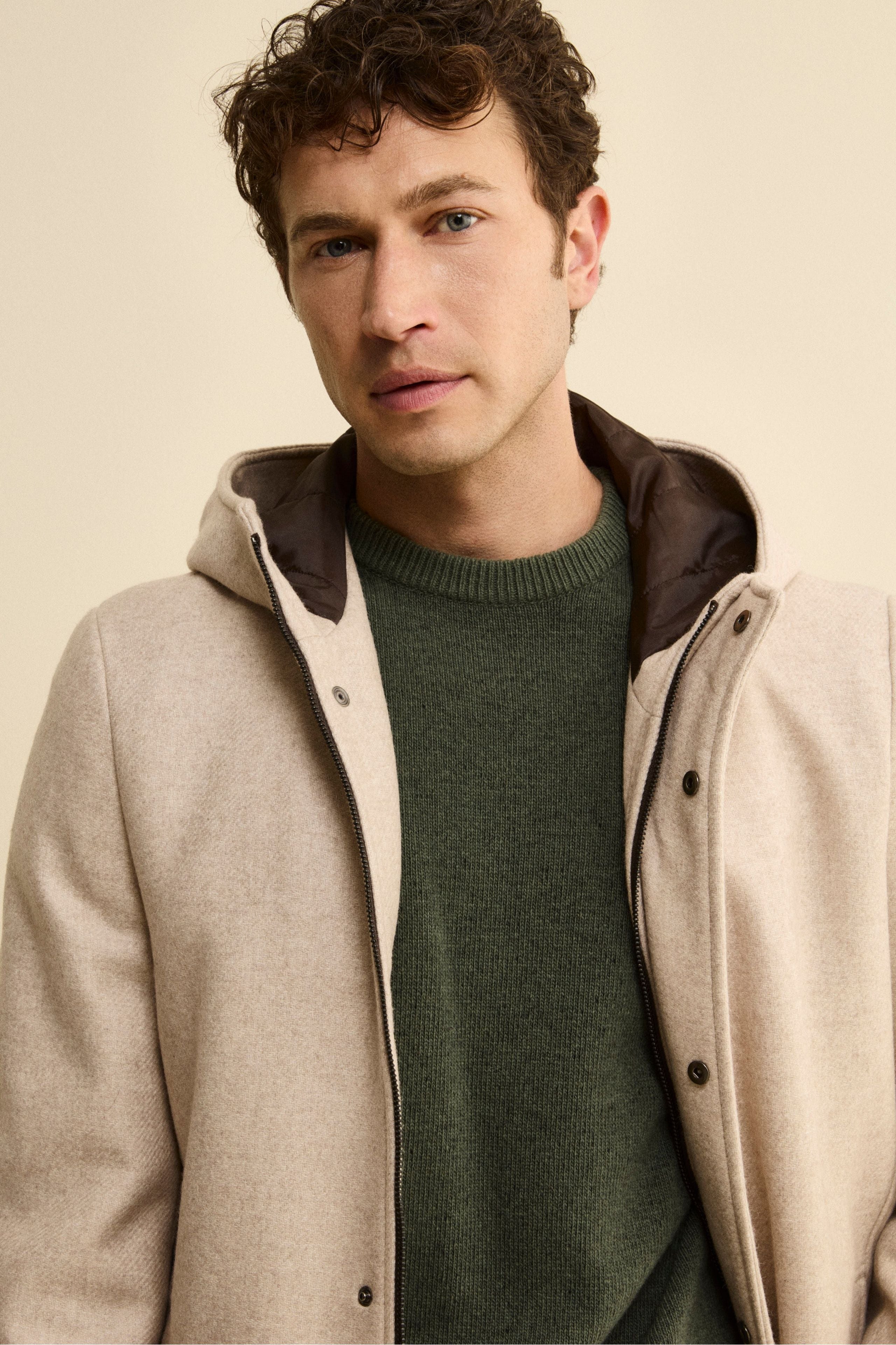 Twill Wool Blend Coat with Zip and Hood - gray