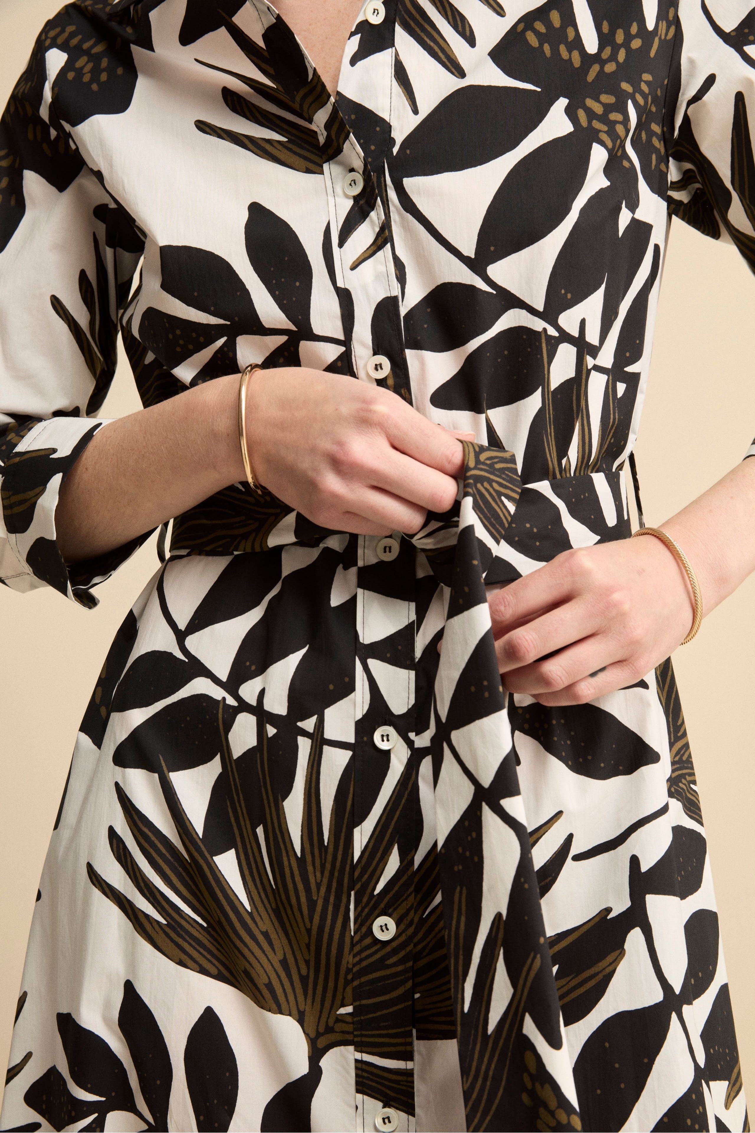 Abito Floreale in Popeline con Cintura - FANT. BIANCO/NERO