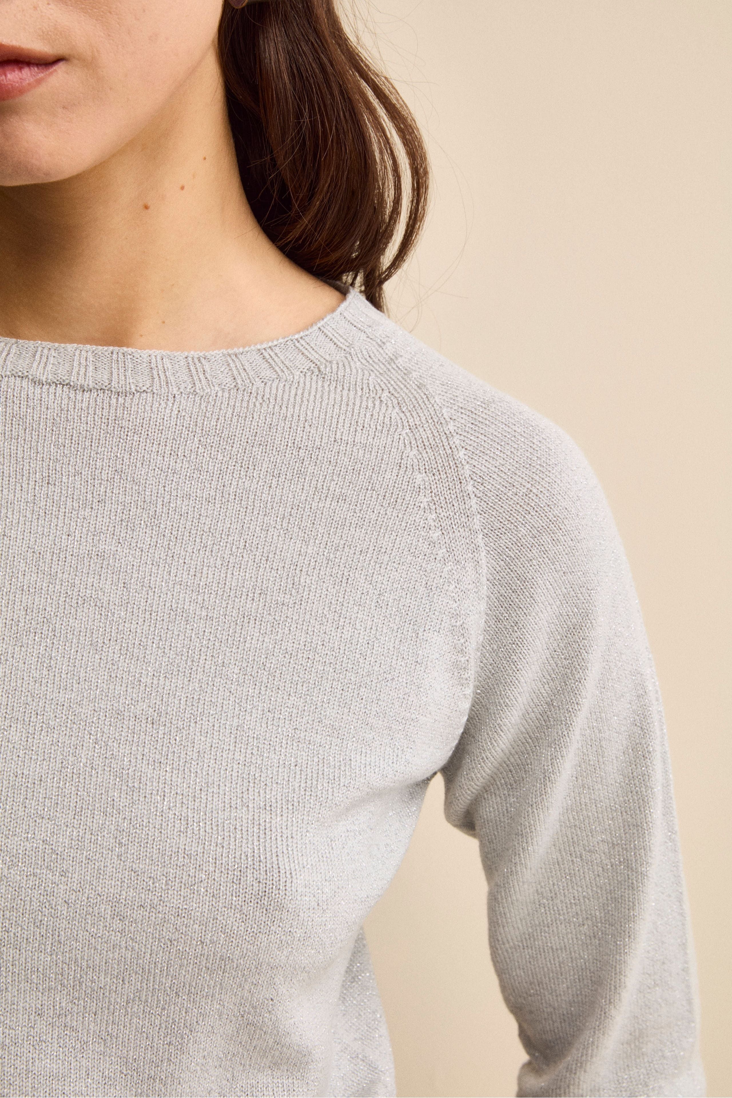 Merino Wool Lurex Crewneck Sweater - Light grey