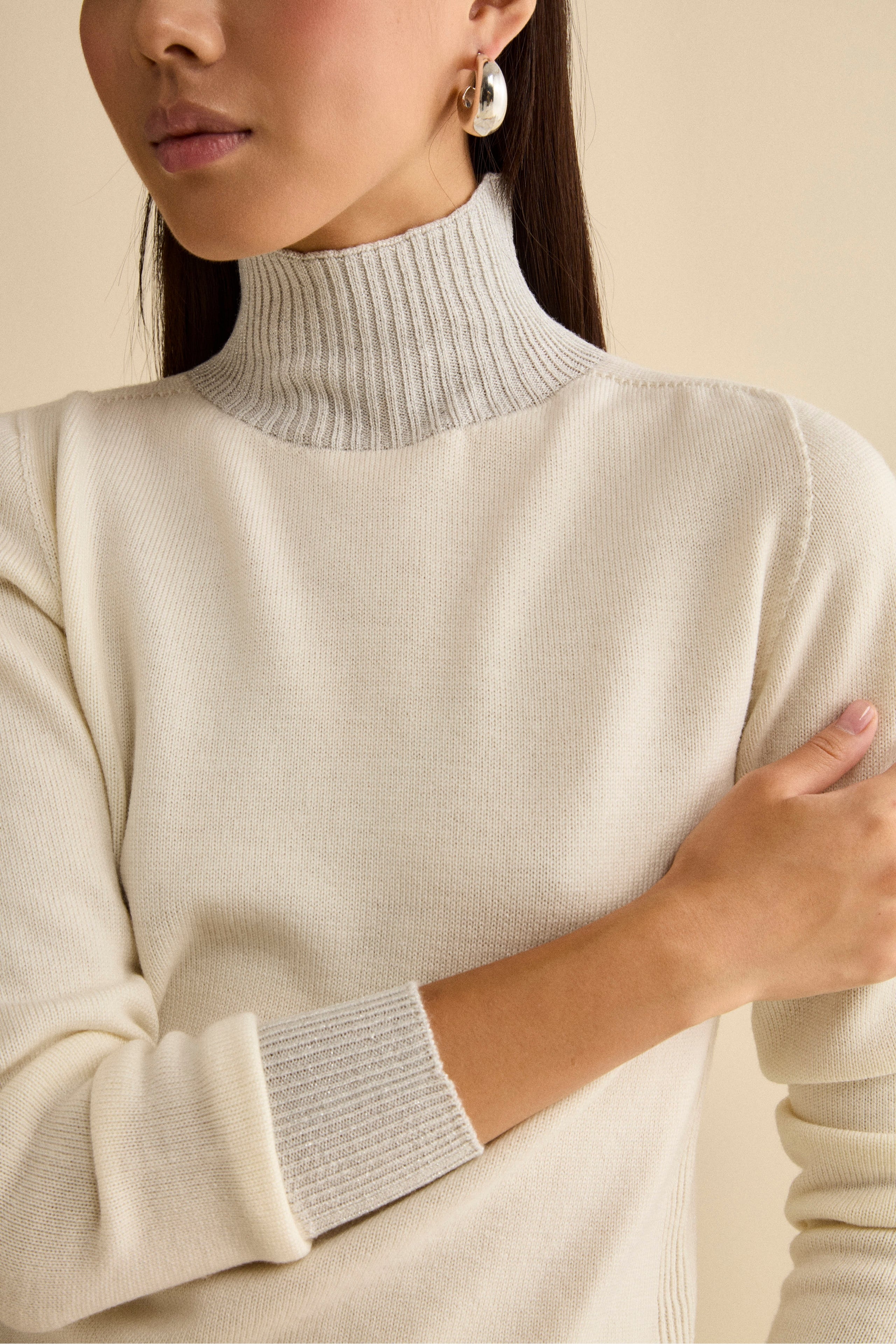 Merino Wool Mock Neck with Lurex Edges - ECRU