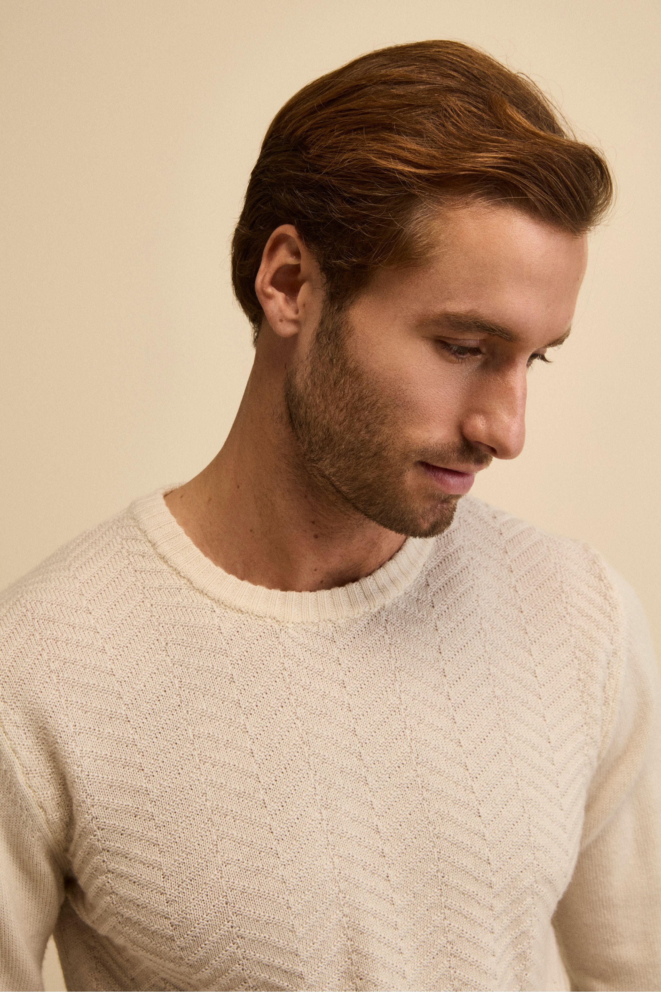 Fisherman’s Rib Crewneck in Merino Wool - Butter white