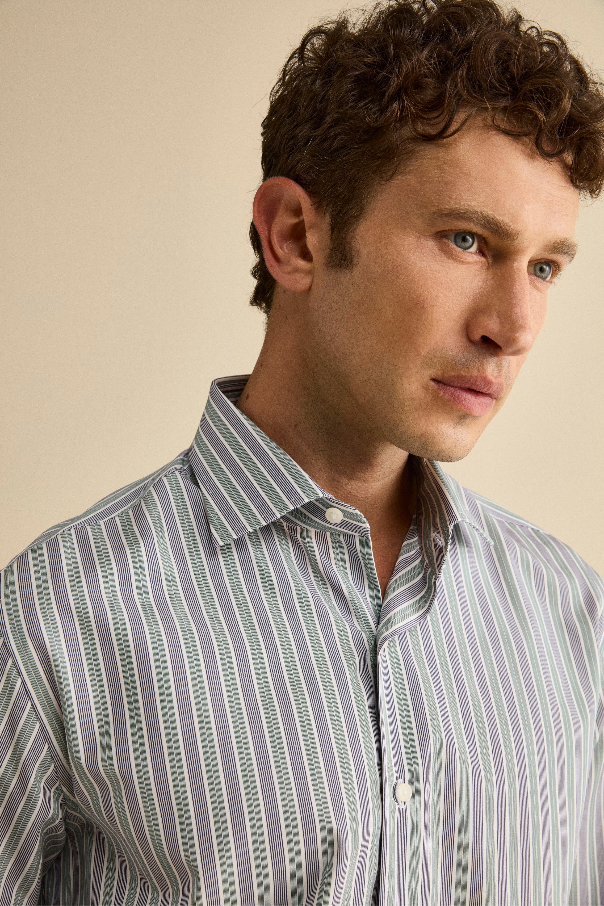 Cotton Printed Shirt Custom Fit with French Collar - BLUE/GREEN STRIPED