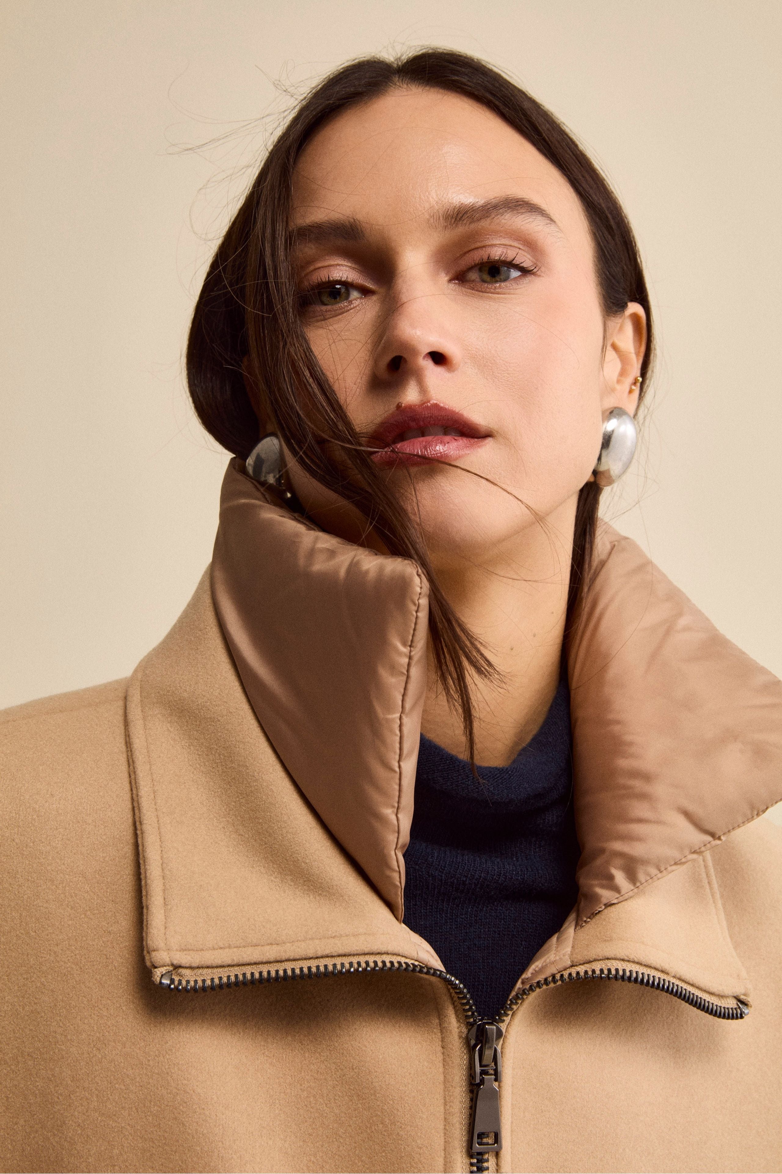 Quilted Flared Jacket with Zip - Camel