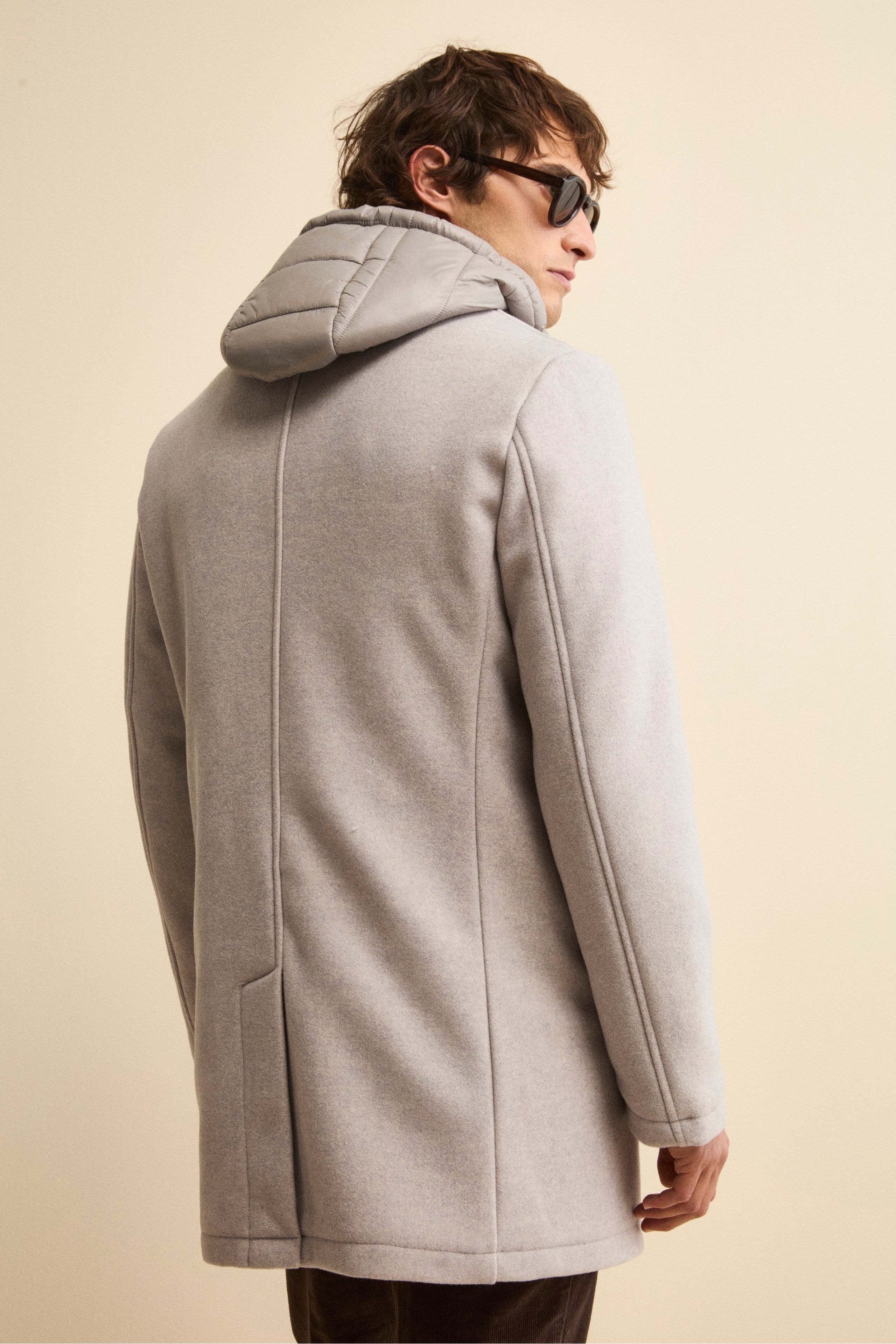 Wool Blend Coat with Removable Hood - Light grey