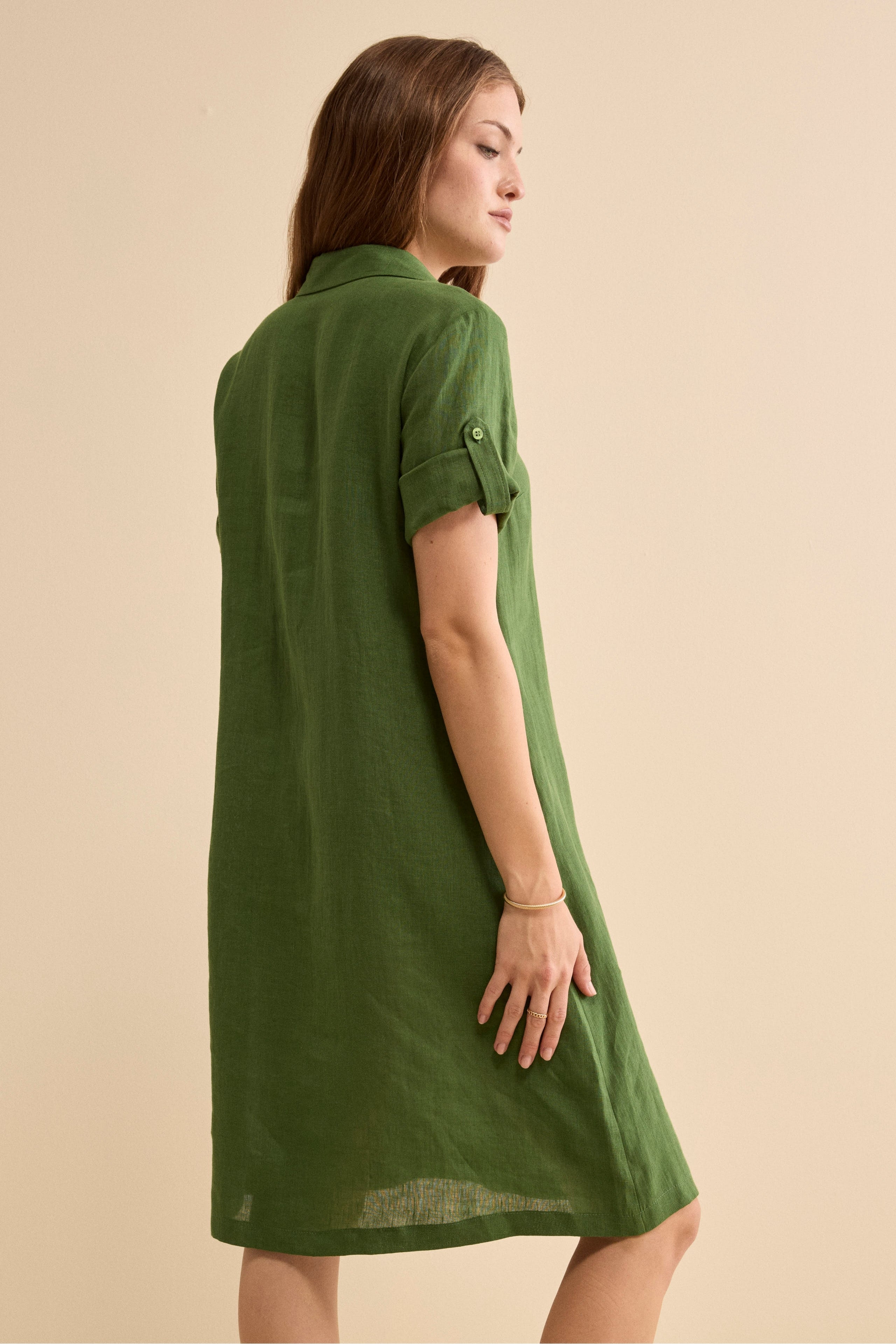 Abito Chemisier in Lino con Manica Corta - VERDE