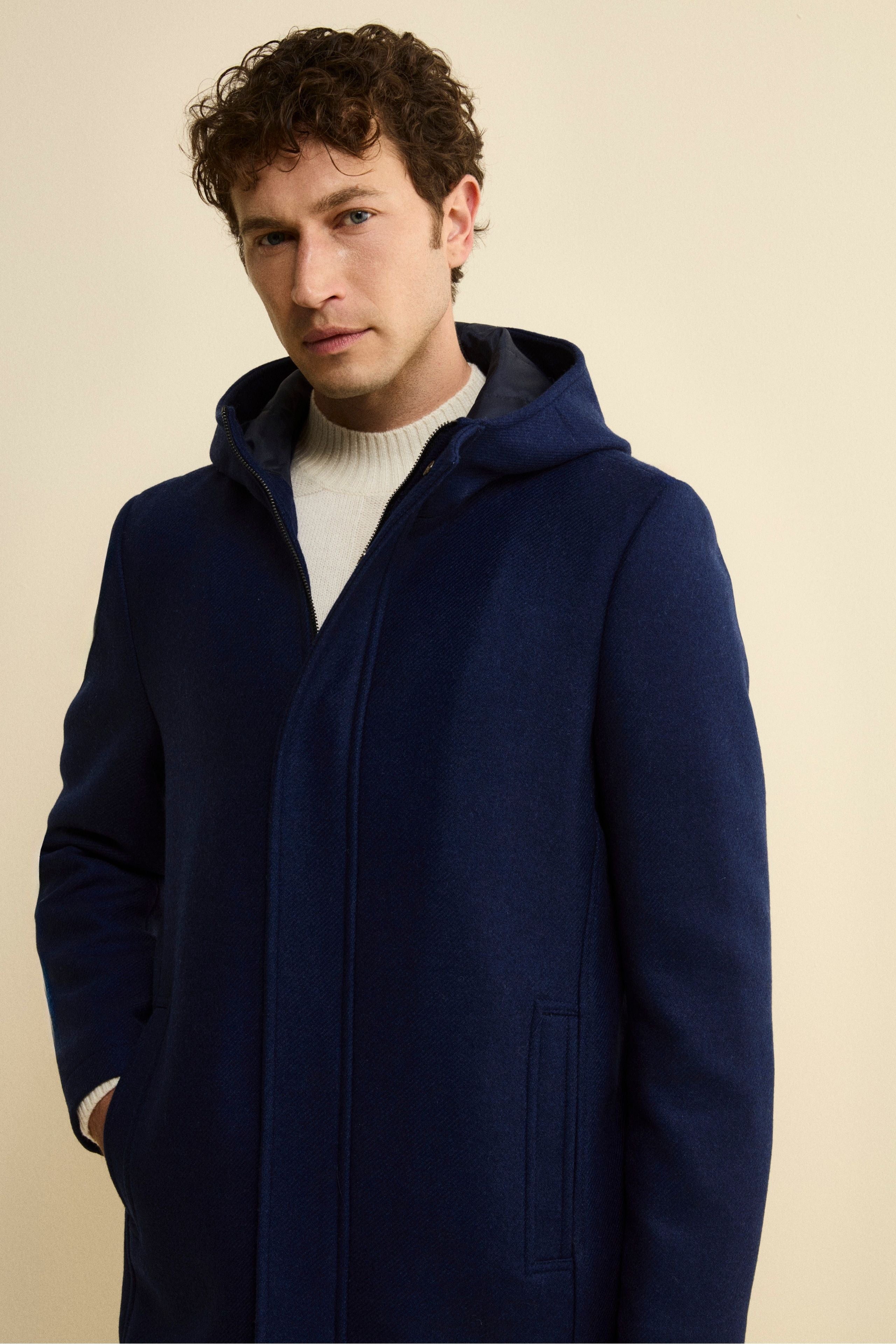 Twill Wool Blend Coat with Zip and Hood - BLUE