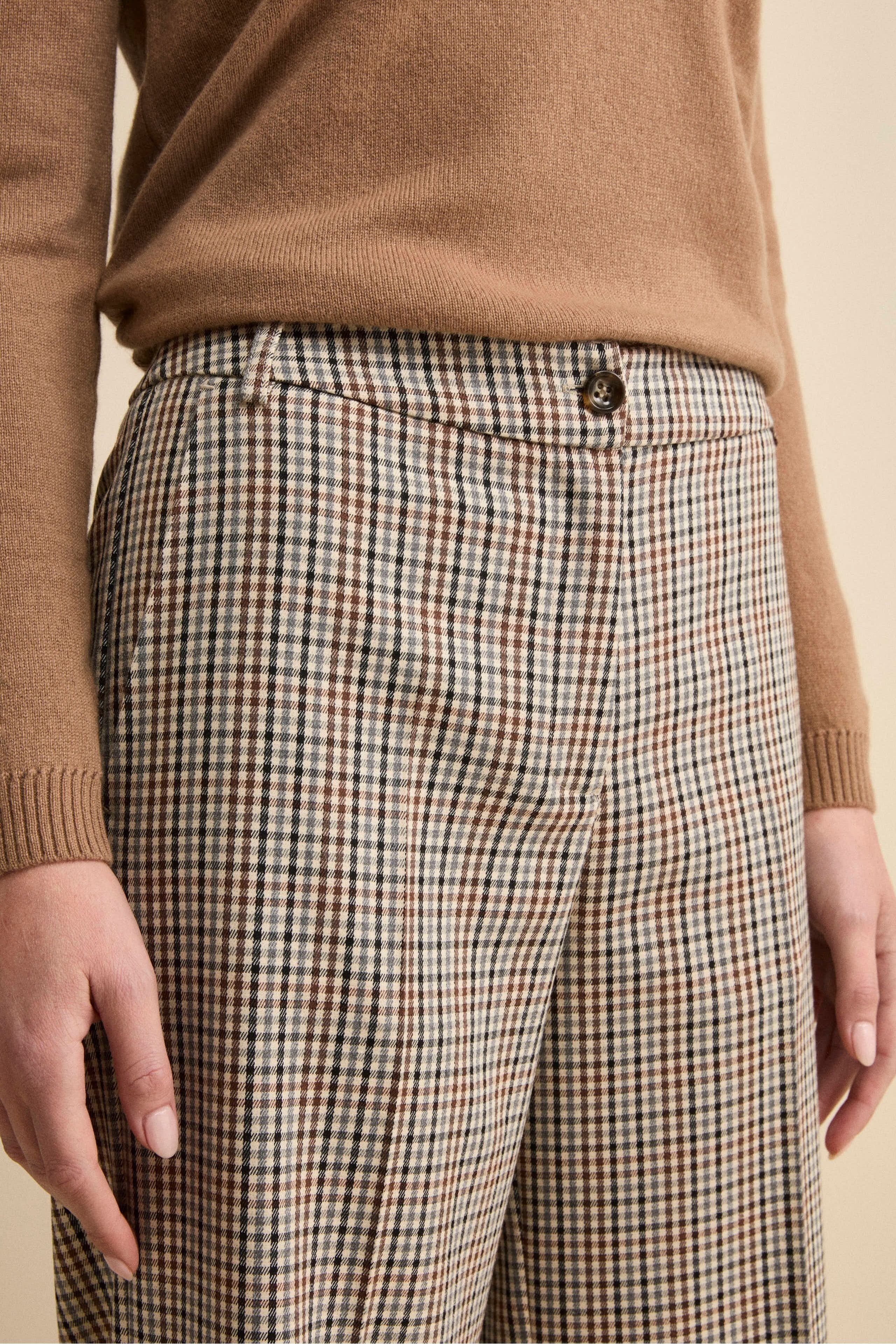 Wide-Leg Checked Trousers - Beige check