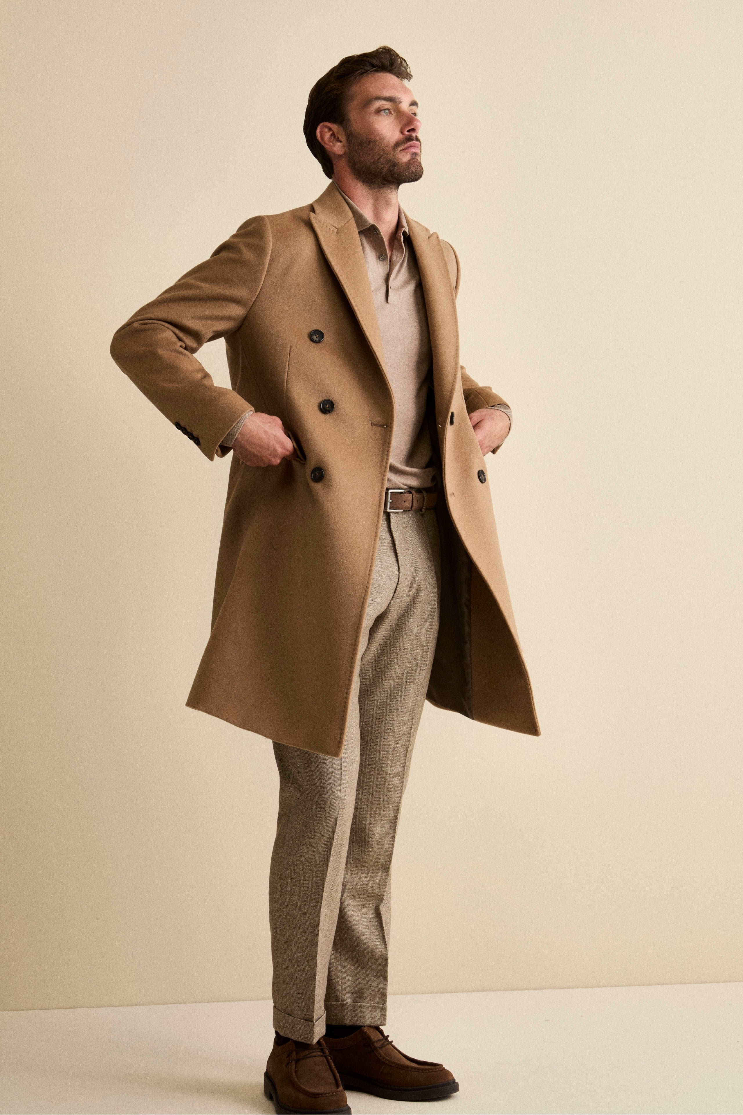 Midi Double-Breasted Coat in Wool and Cashmere Blend with Half-Belt - Camel
