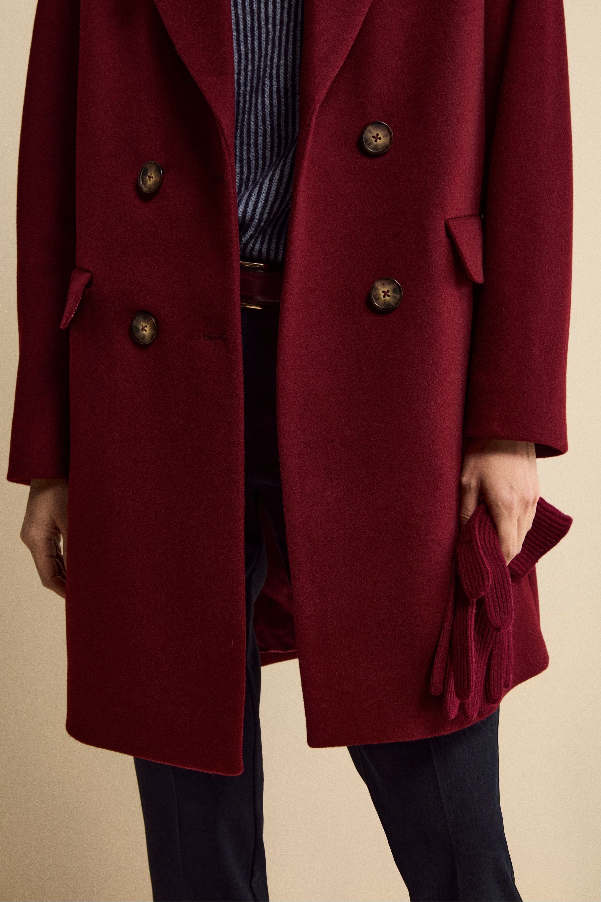 Midi Double-Breasted Coat in Wool and Cashmere Blend - Burgundy