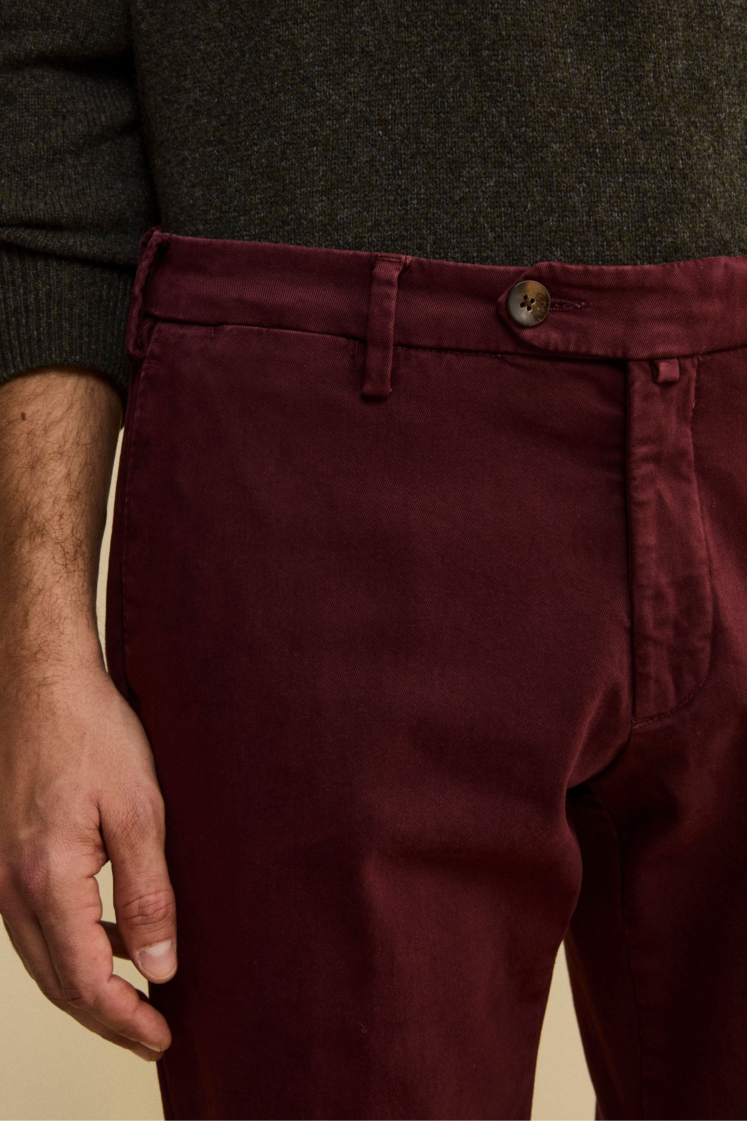 Slim Fit Stretch Gabardine Trousers - Burgundy