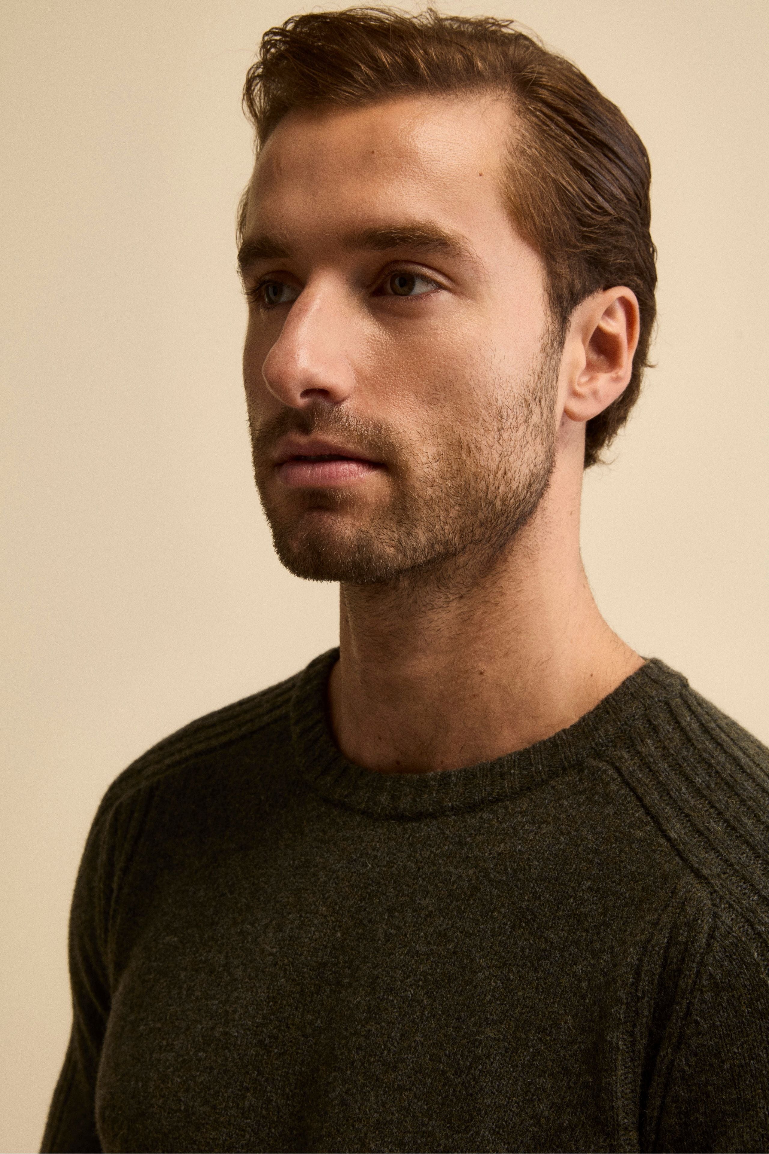 Ribbed Raglan Crewneck in Virgin Wool Blend - GREEN