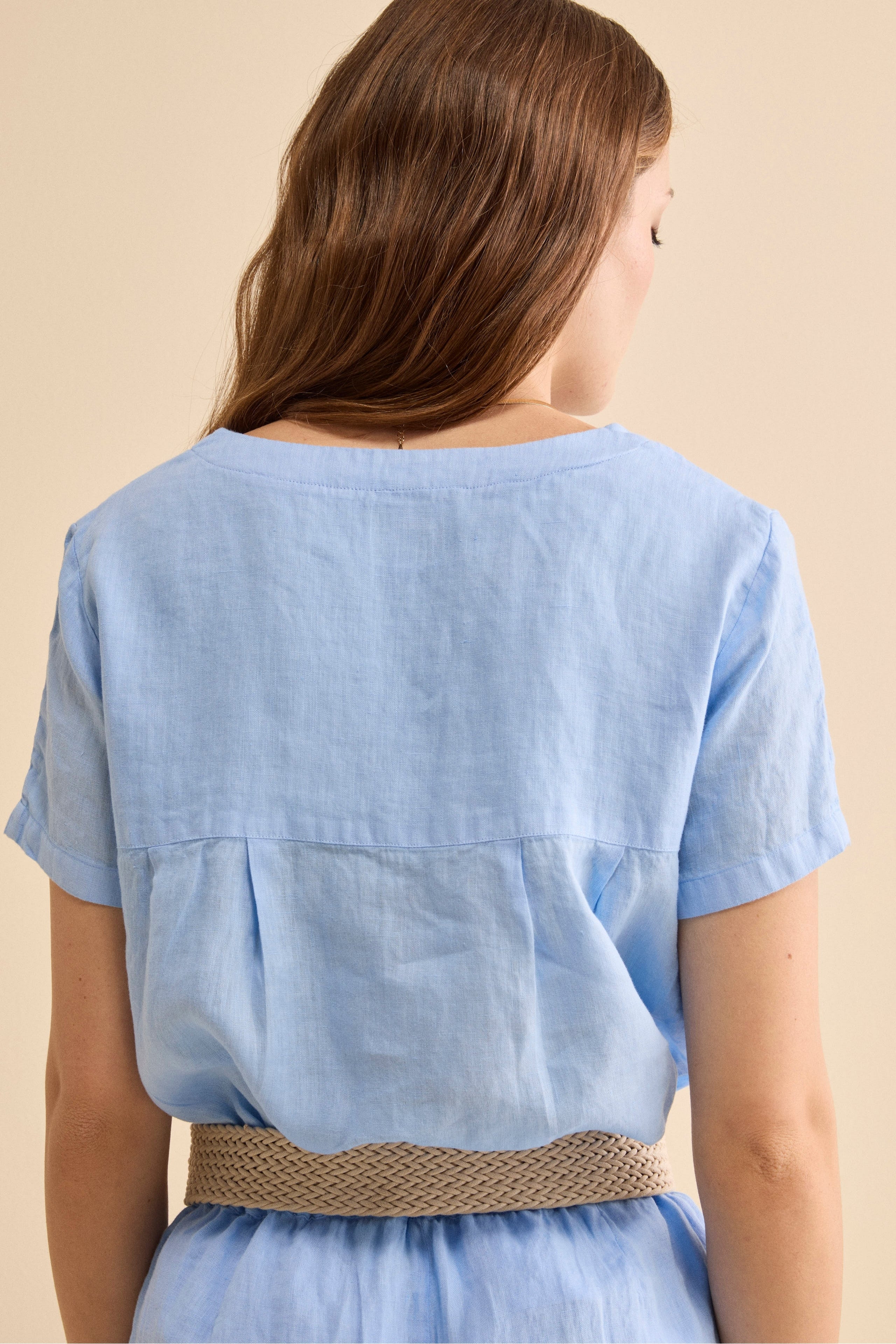 Blusa Morbida Girocollo in Lino - AZZURRO