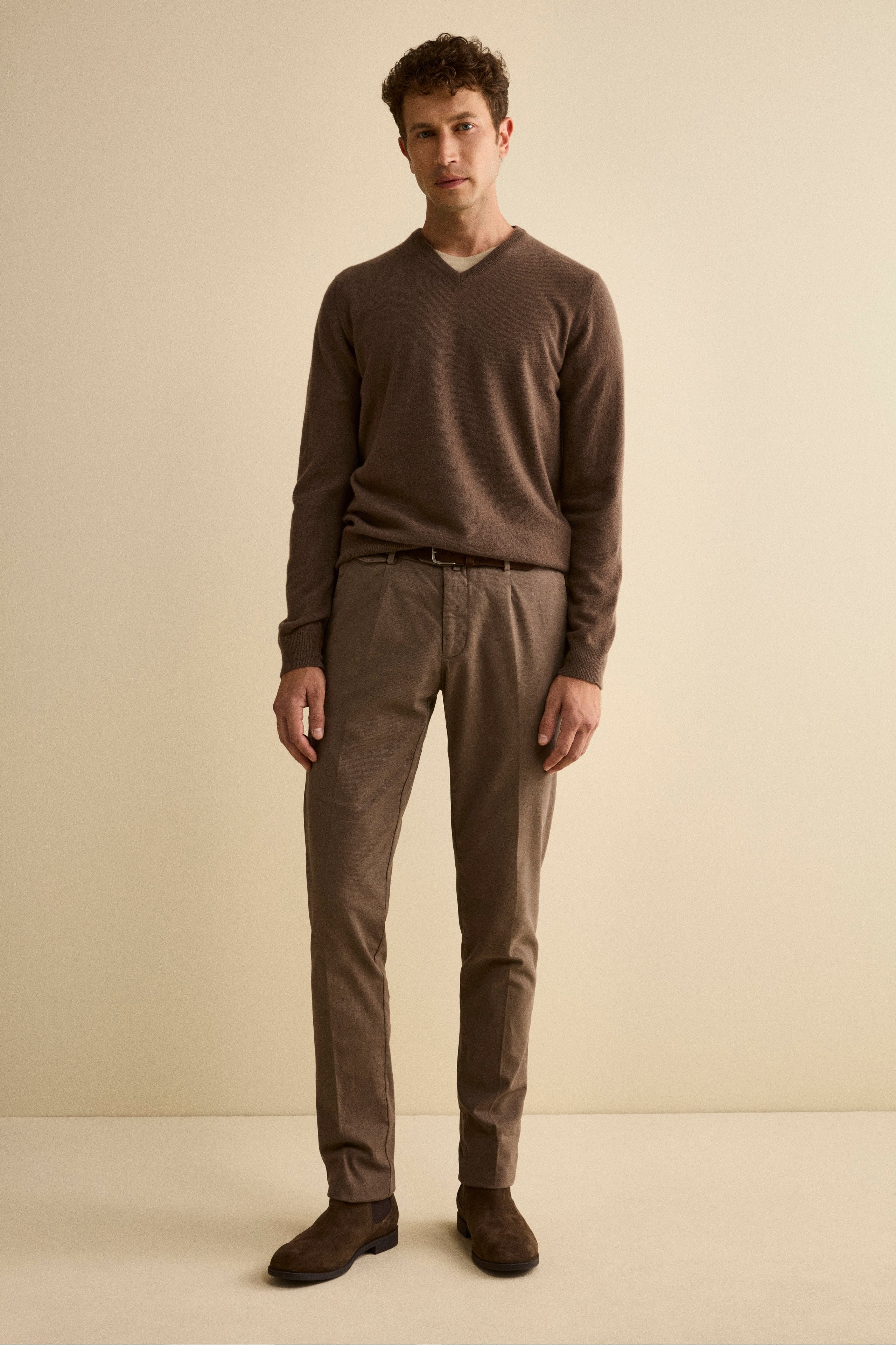 Structured Cotton Slim Fit Trousers - Brown