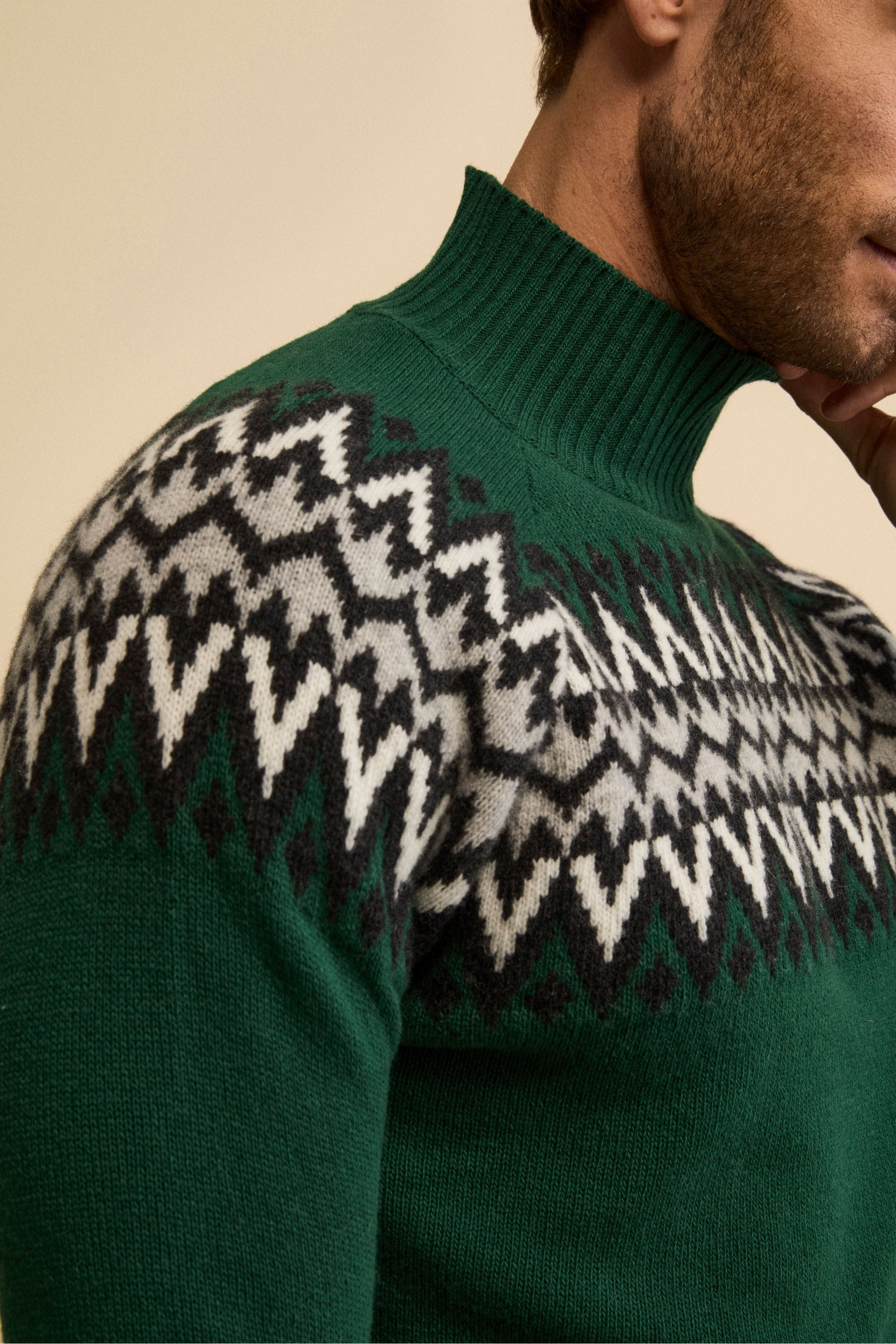Jacquard Norwegian Mock Neck in Merino Wool - GREEN/GREY