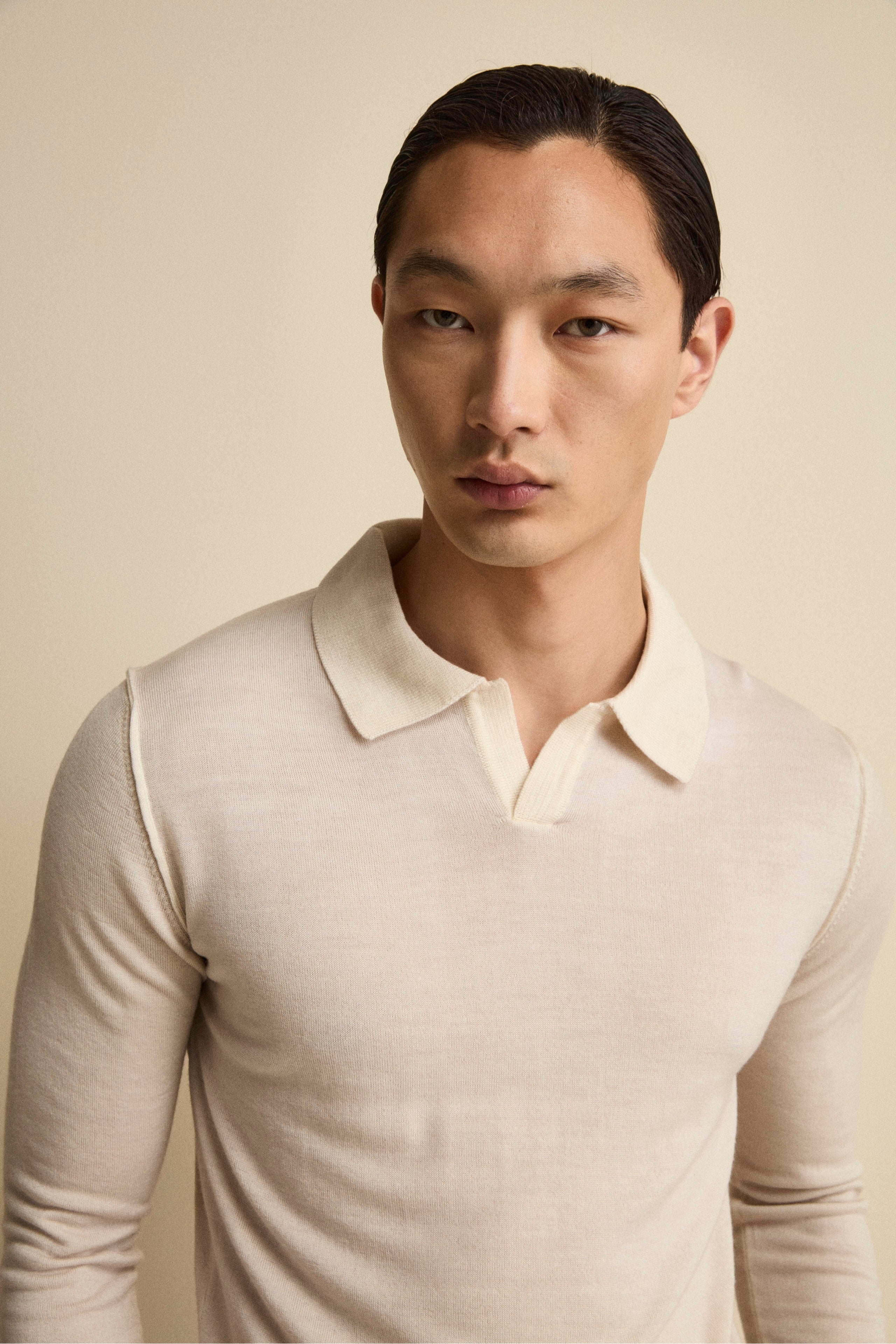 Merino wool derby polo shirt - Butter white