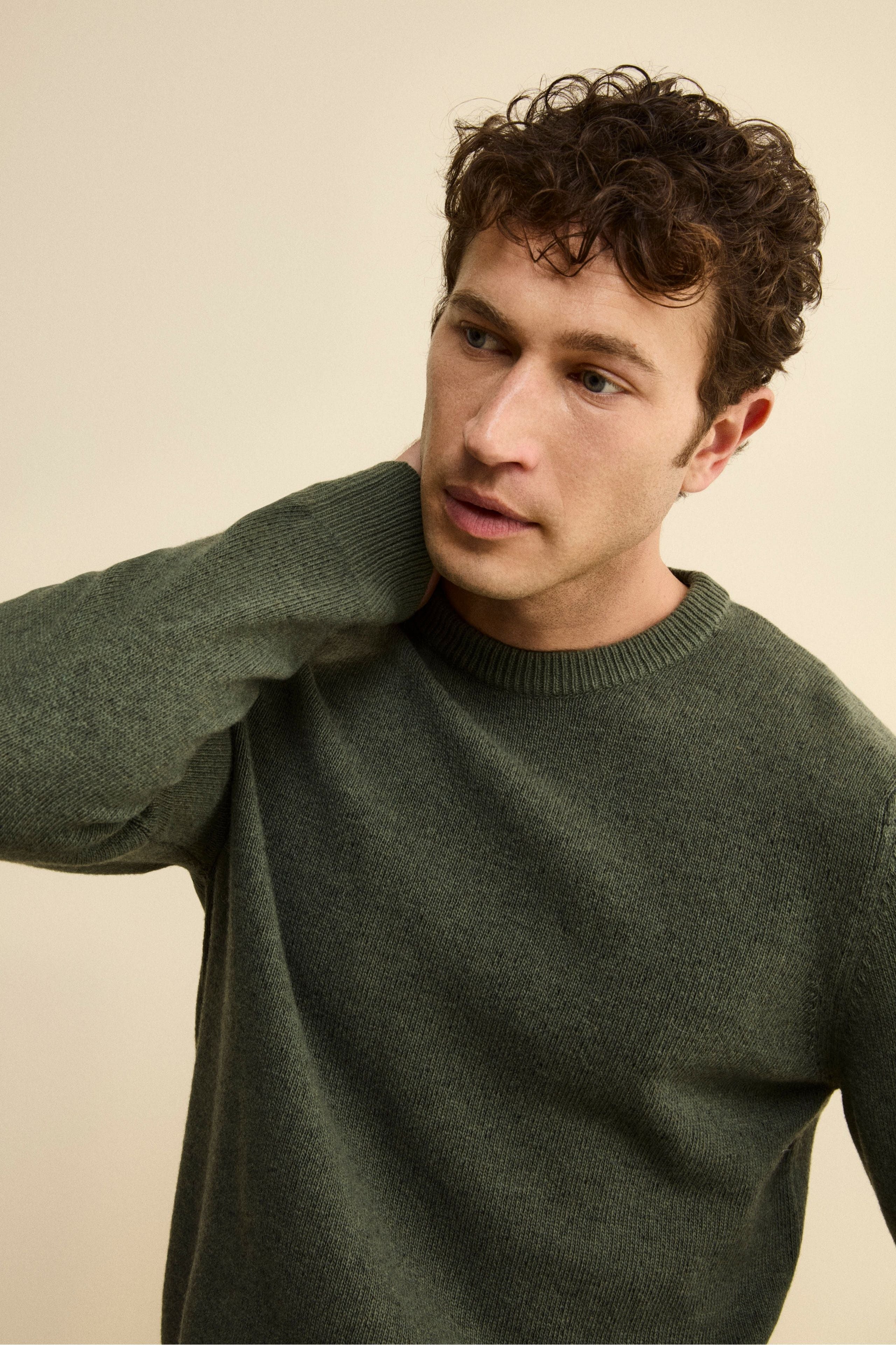 Mouline Crewneck Sweater in Extrafine Merino Wool - Military green