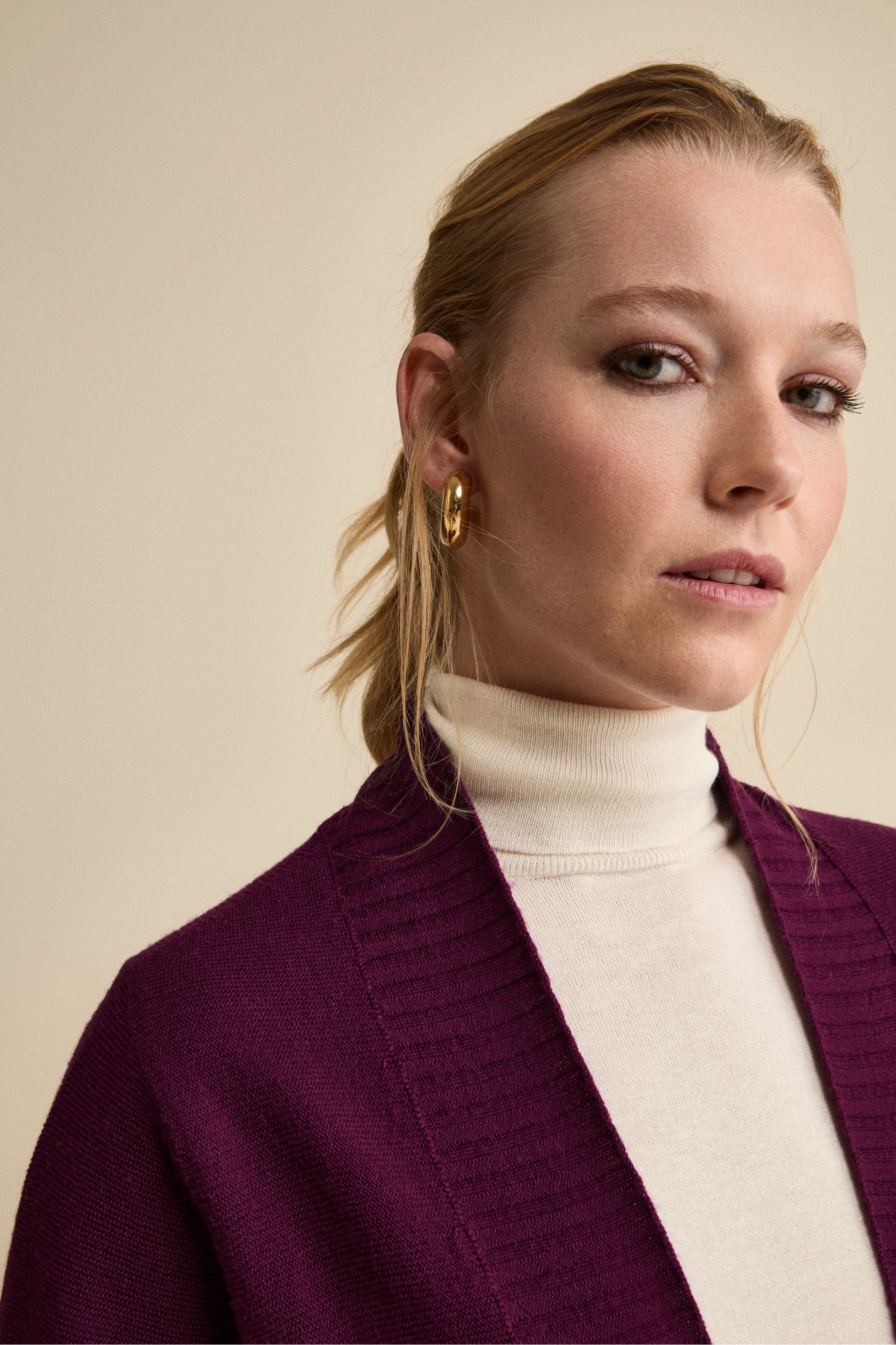 Long Wool Cardigan with Shawl Collar - VIOLET