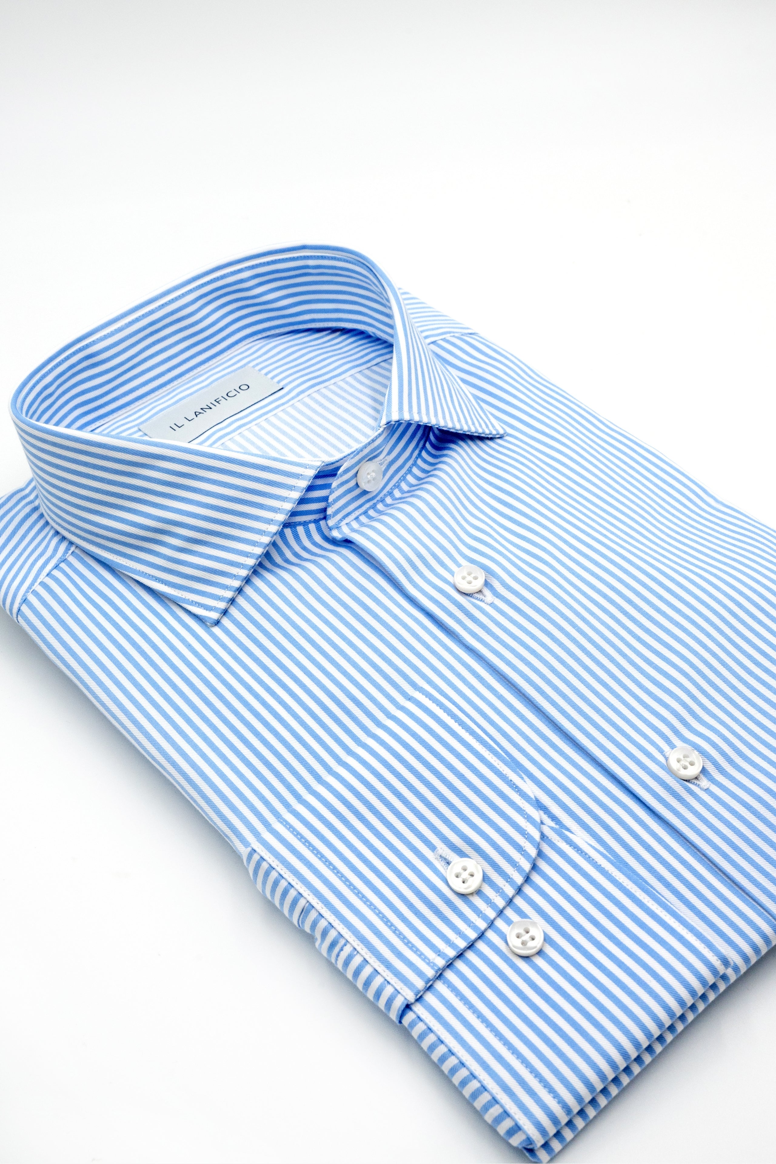 Custom-Fit Twill Shirt with French Collar - Light blue stripe