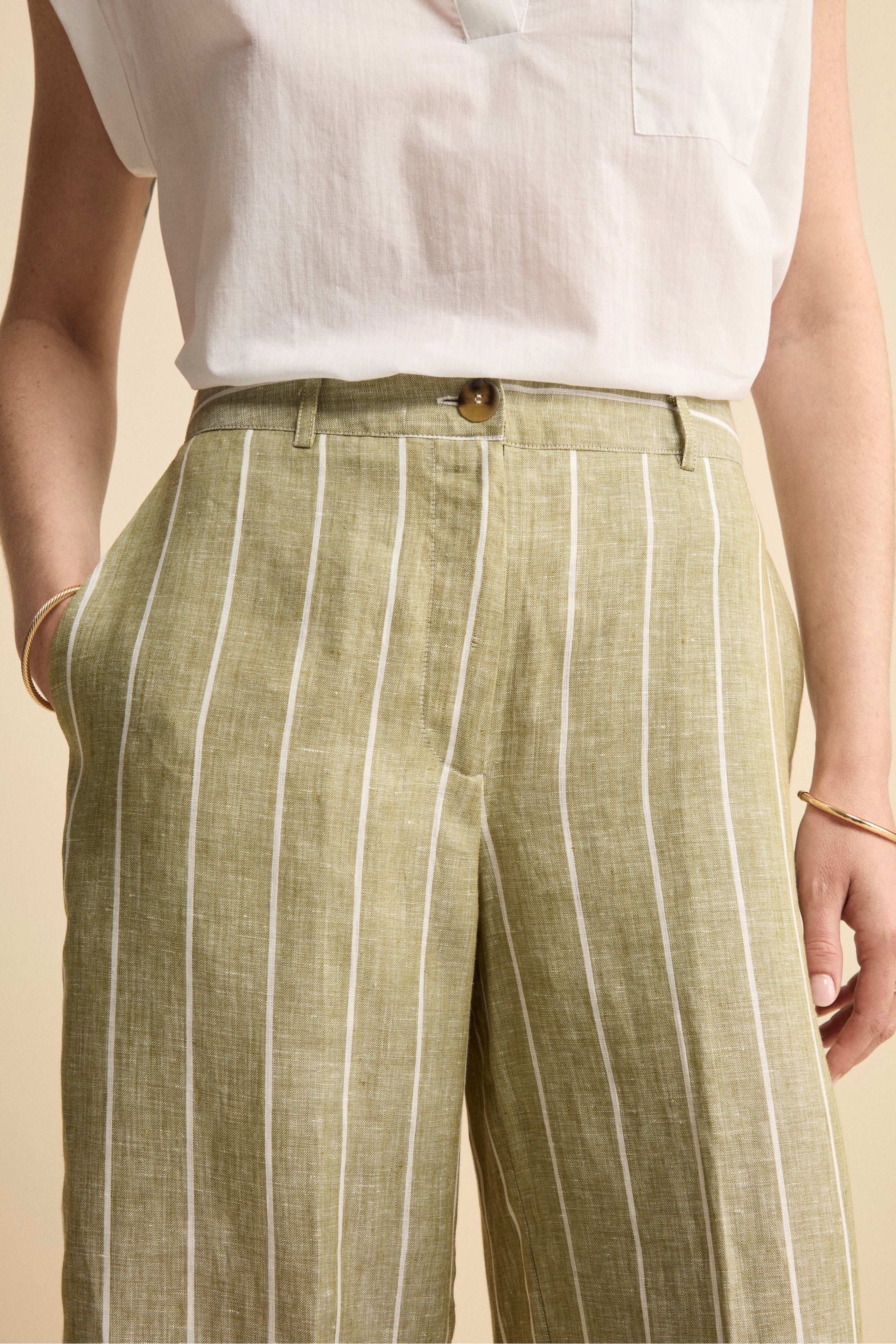 Pantalone Morbido Gessato in Lino - VERDE RIGATO