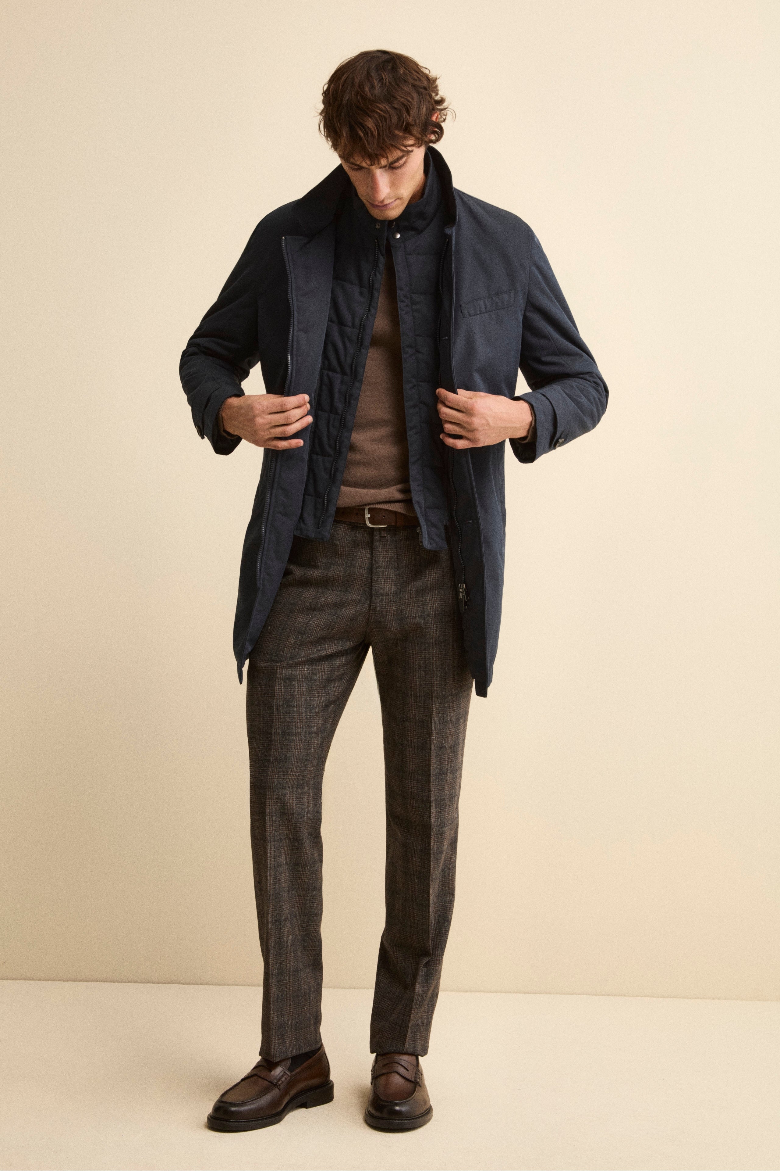 Prince of Wales Trousers in Cotton-Wool Blend - Brown pattern