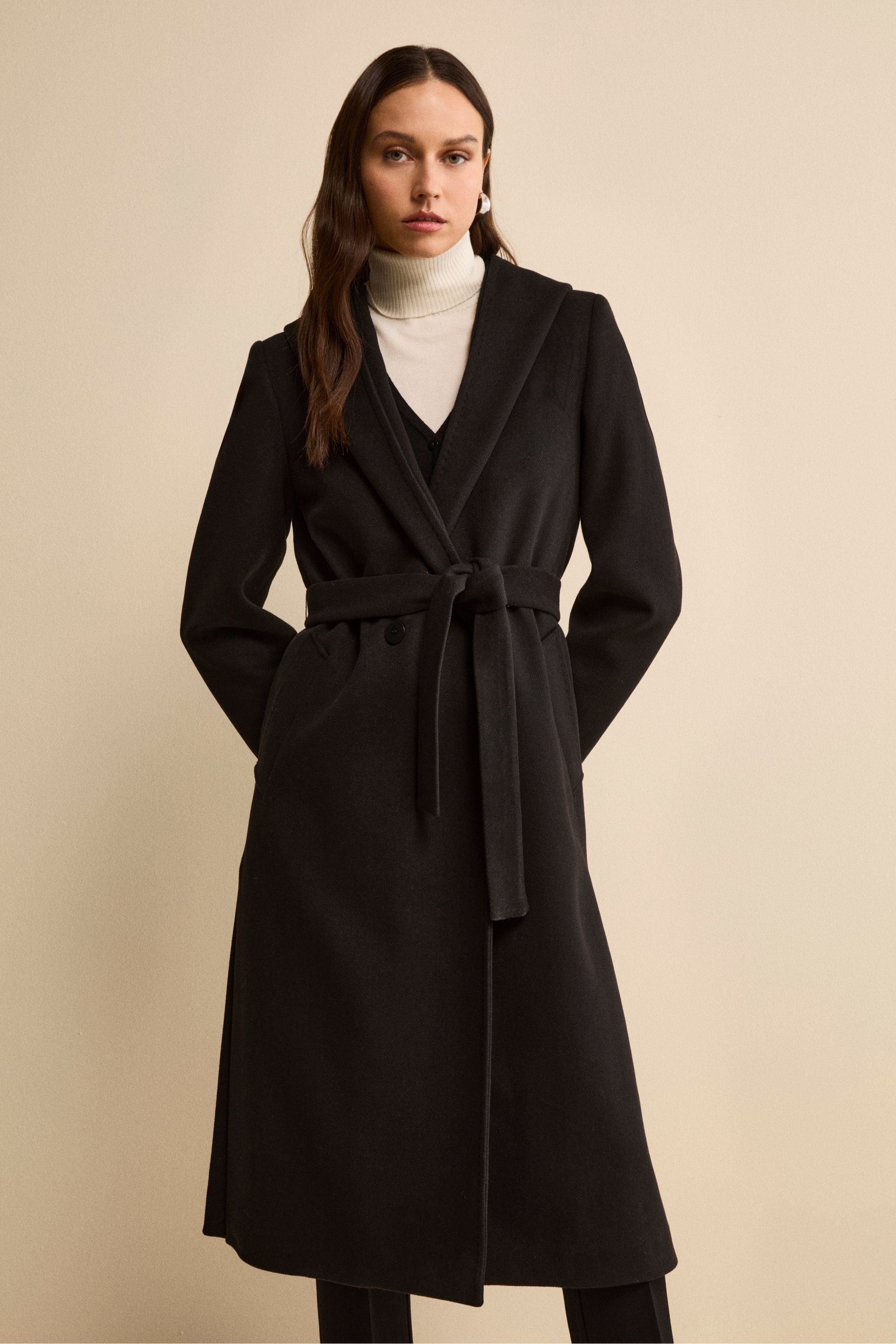 Long Belted Coat with Hood - BLACK