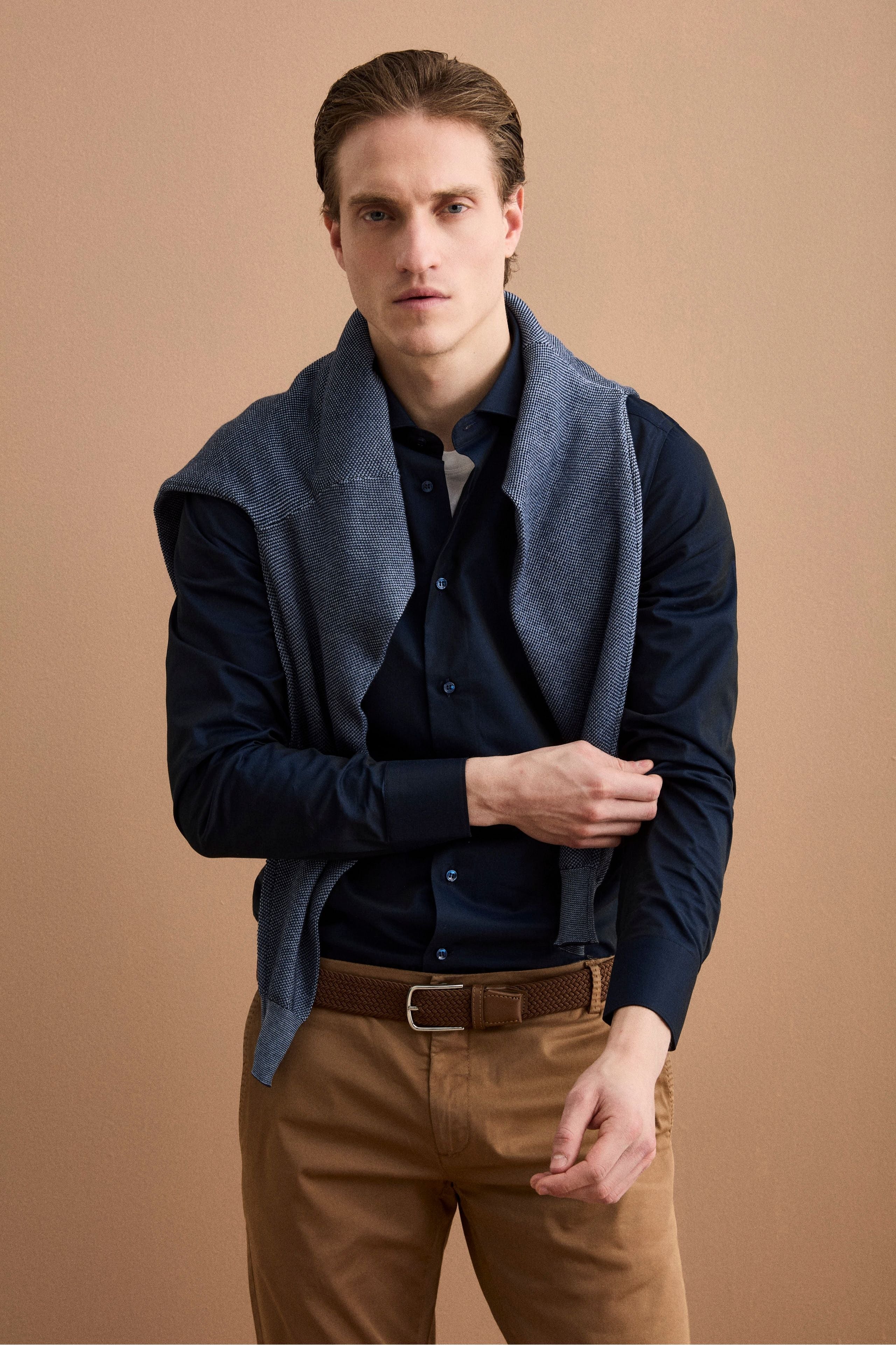 Schlankes Twill-Hemd Französischer Kragen - BLAU