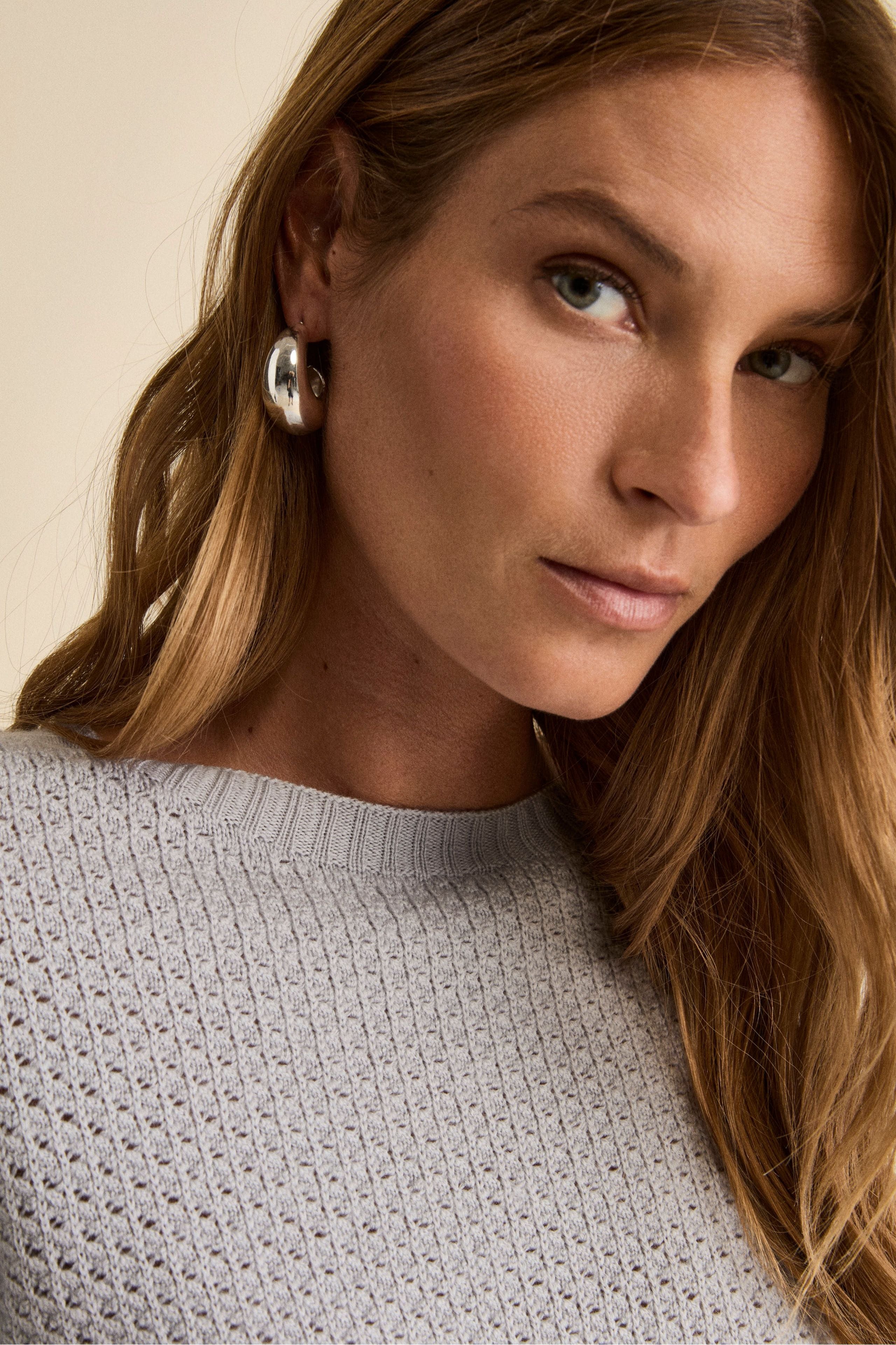 Openwork Merino Wool Crewneck Sweater - Light grey