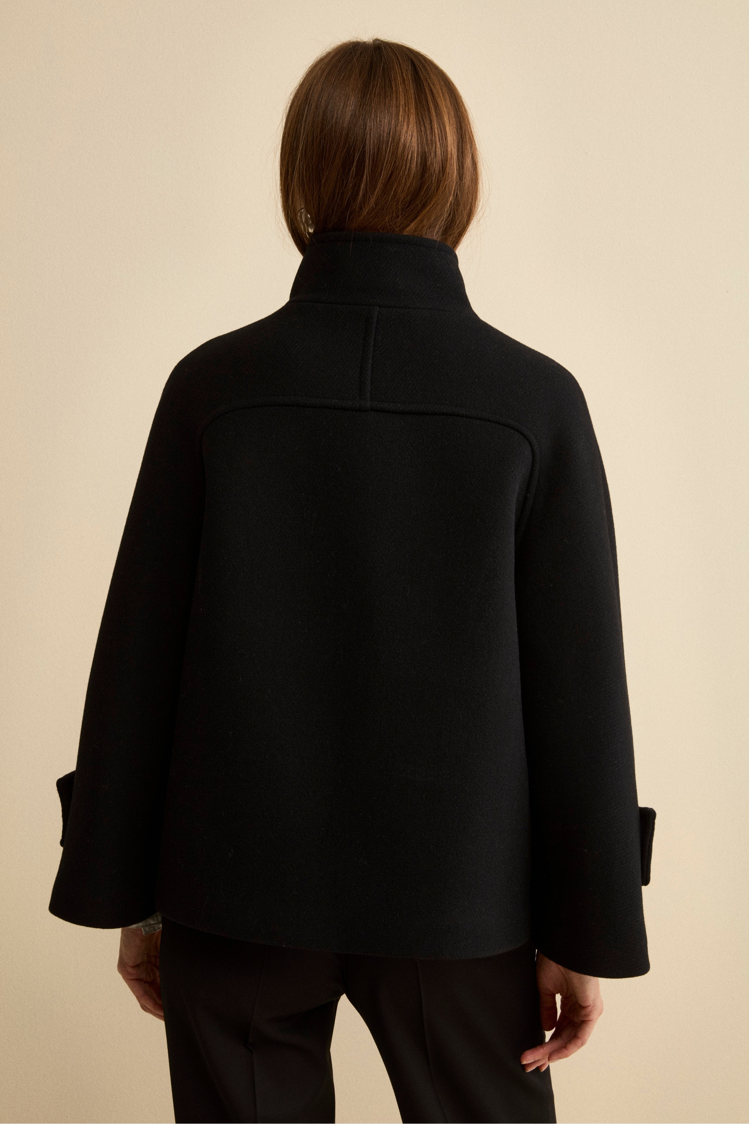 Short Wool Blend Coat with Bell Sleeves - BLACK