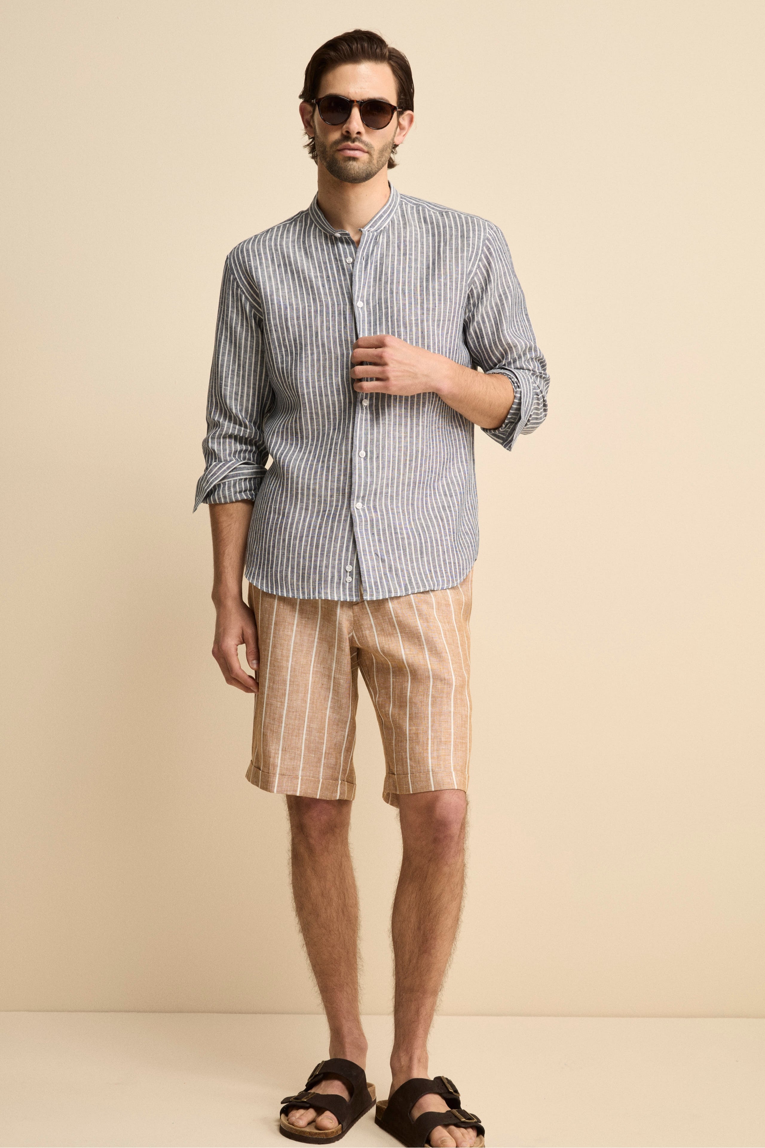 Camicia Rigata Custom Fit con Collo Coreana in Lino - BLU RIGATO